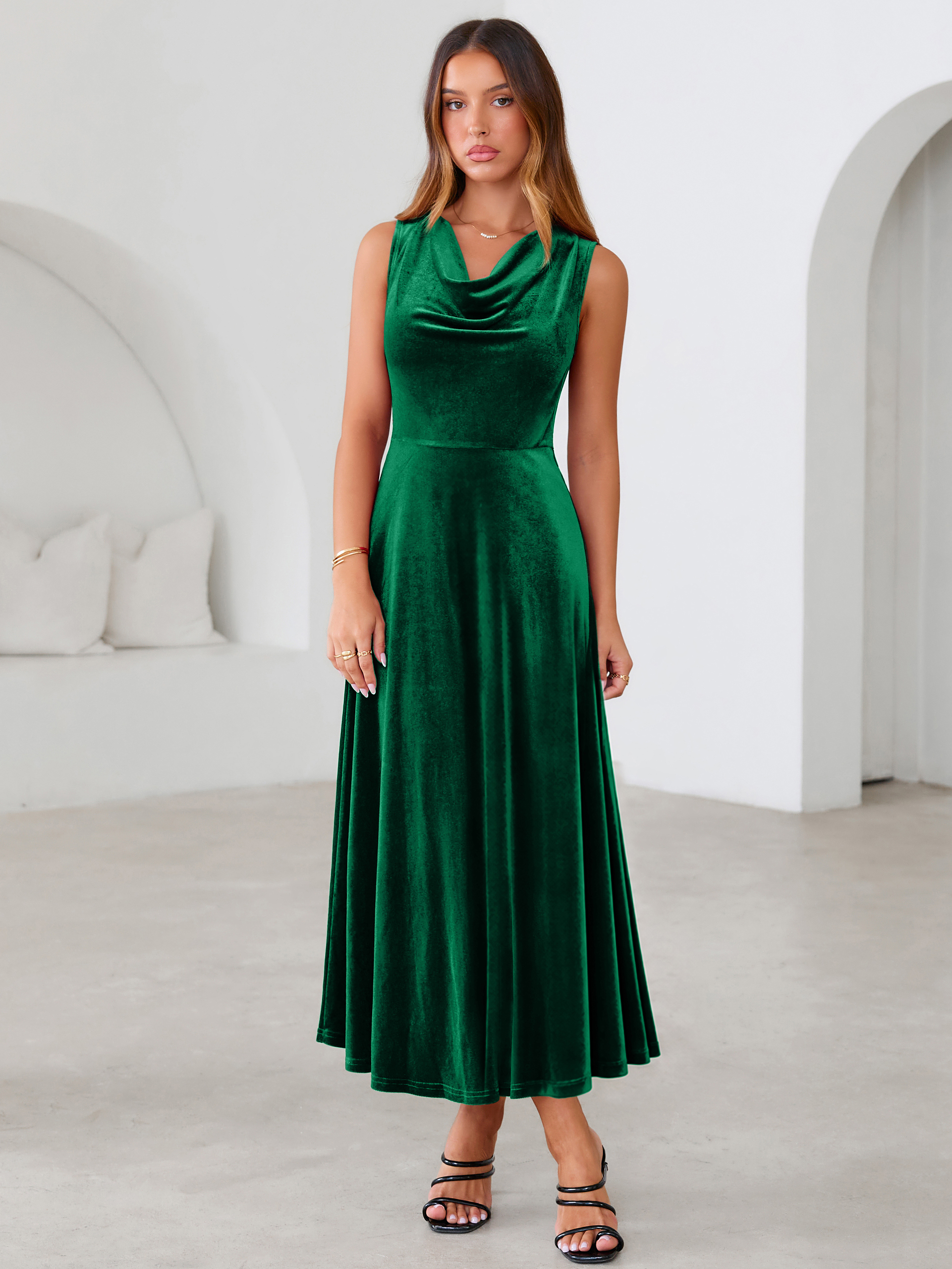 Velvet Cowl Neck Sleeveless A Line Maxi Dress