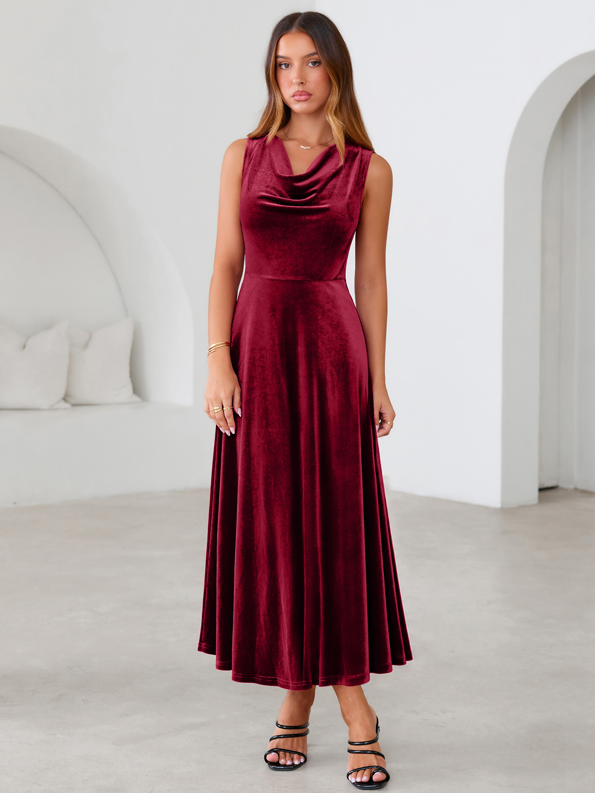 Velvet Cowl Neck Sleeveless A Line Maxi Dress