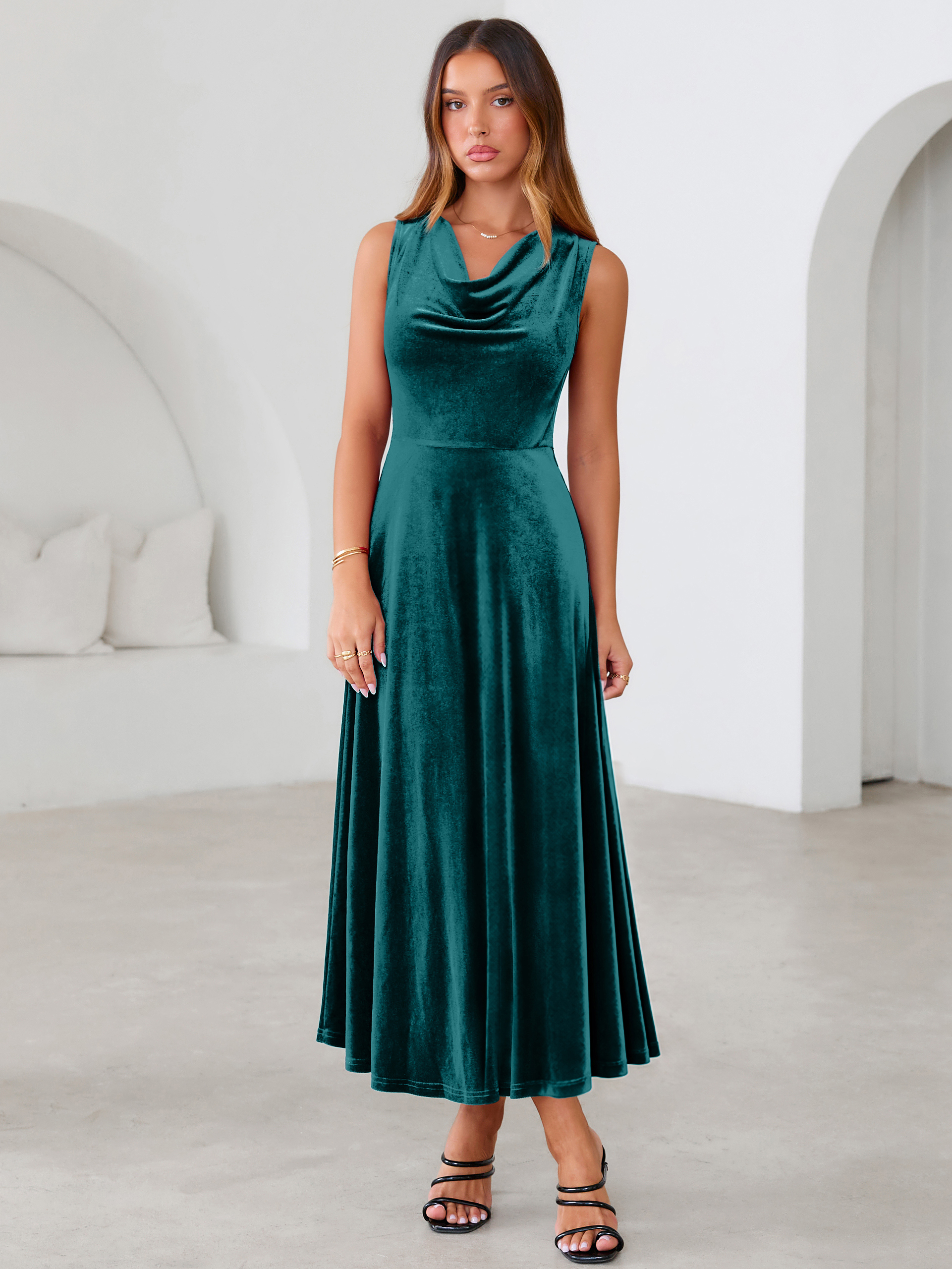 Velvet Cowl Neck Sleeveless A Line Maxi Dress