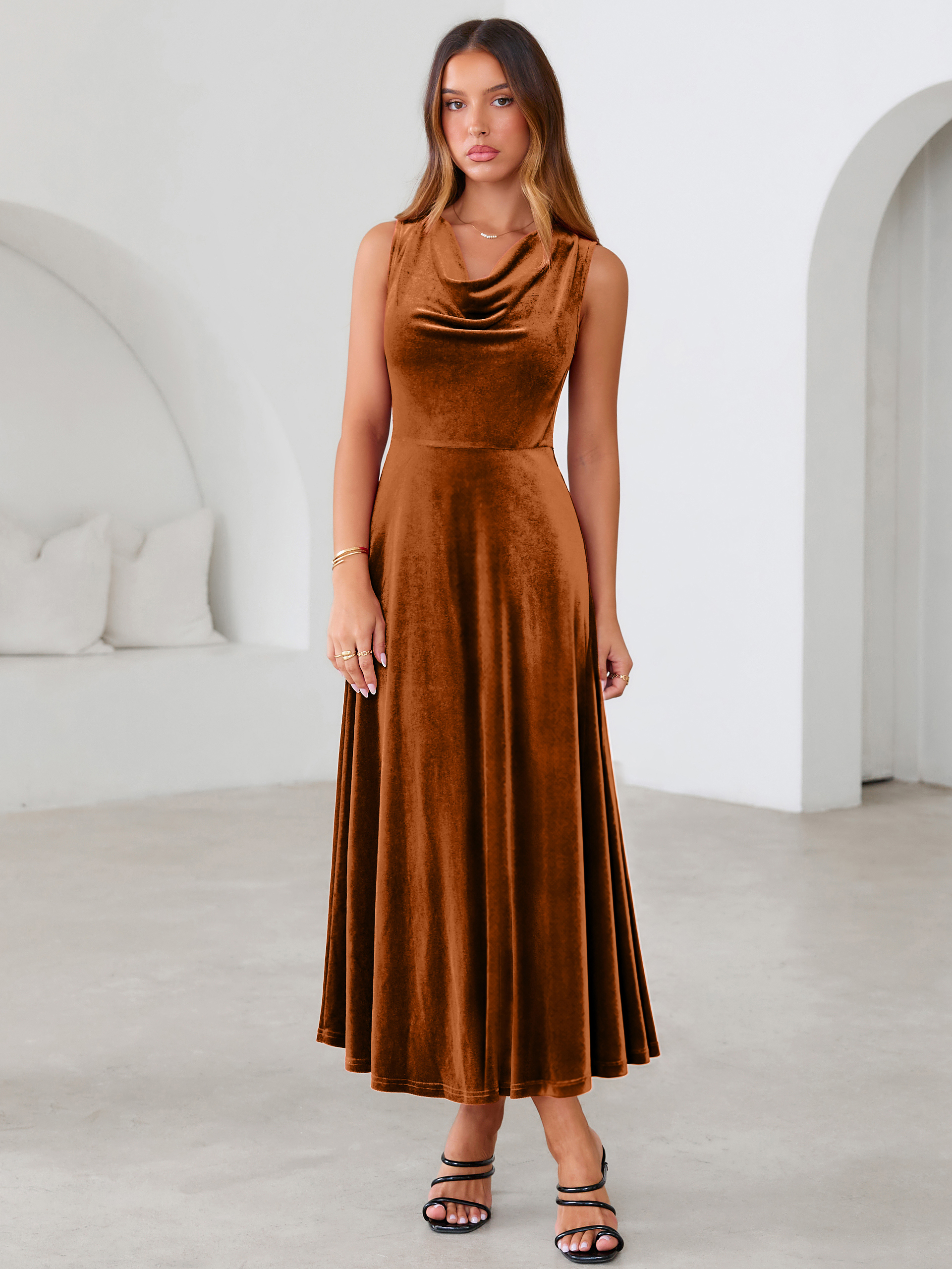Velvet Cowl Neck Sleeveless A Line Maxi Dress
