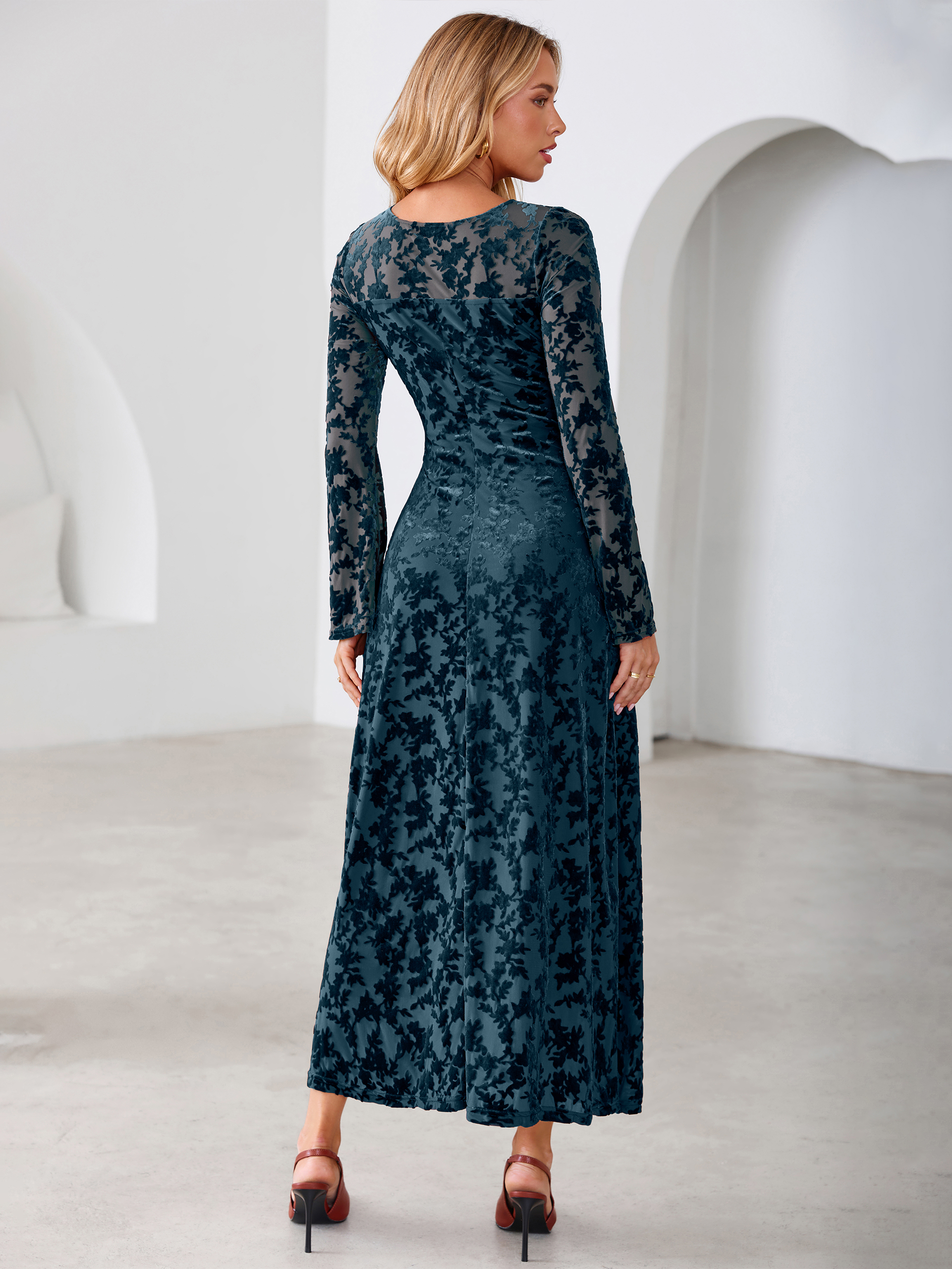 Floral Burnout Velvet Mesh Long Sleeve Maxi Dress