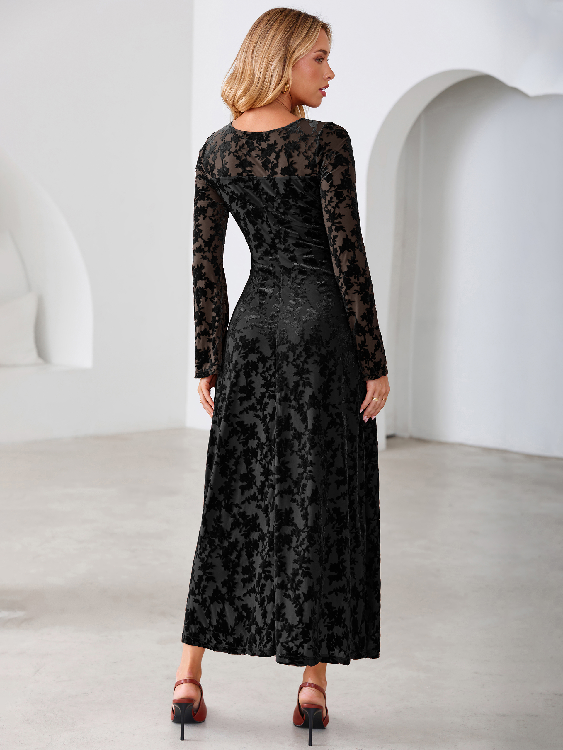 Floral Burnout Velvet Mesh Long Sleeve Maxi Dress