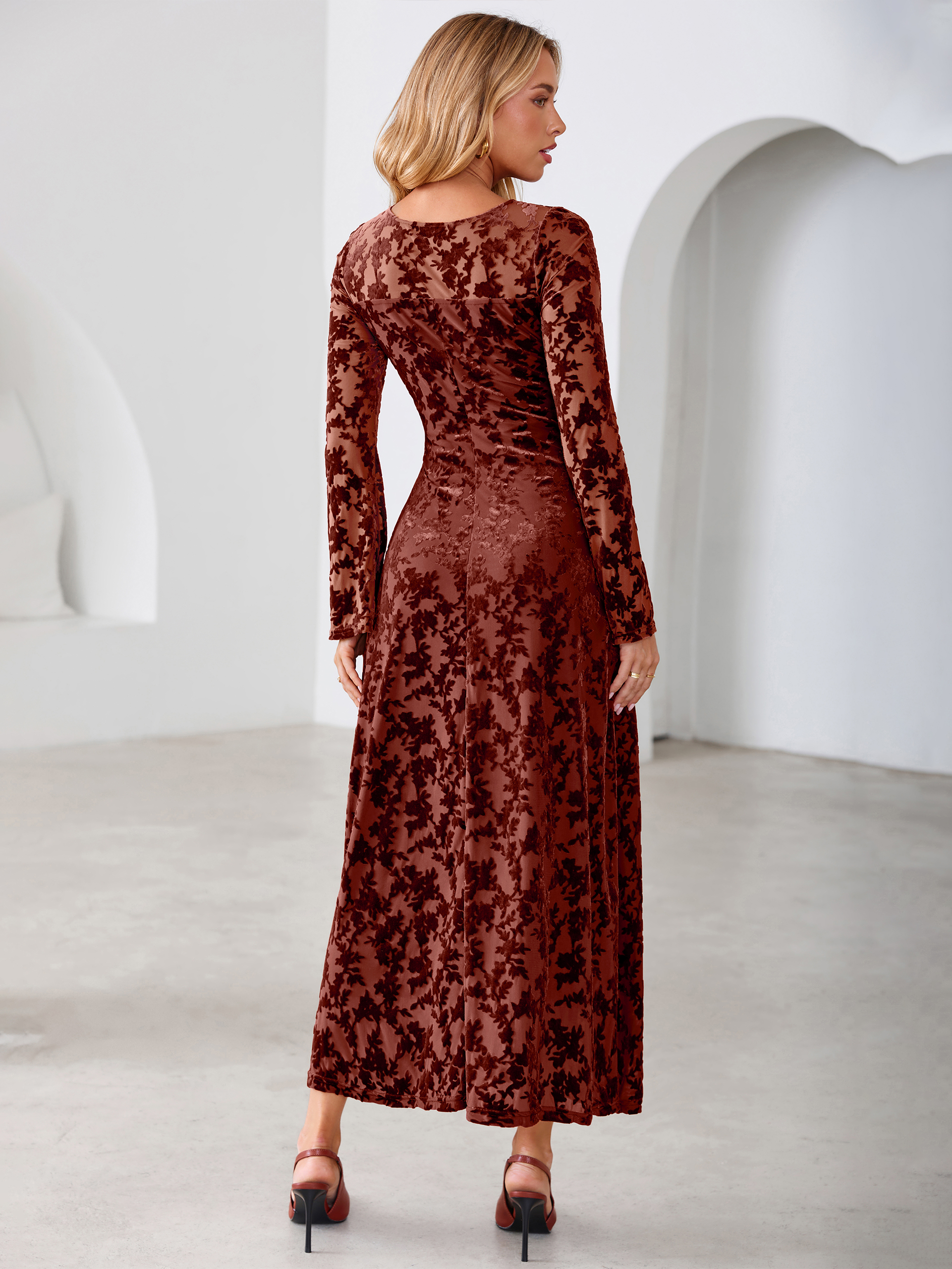Floral Burnout Velvet Mesh Long Sleeve Maxi Dress