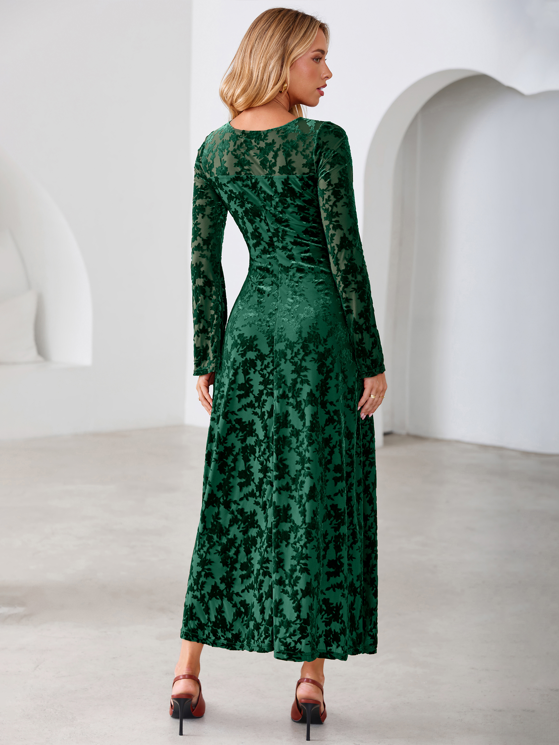 Floral Burnout Velvet Mesh Long Sleeve Maxi Dress
