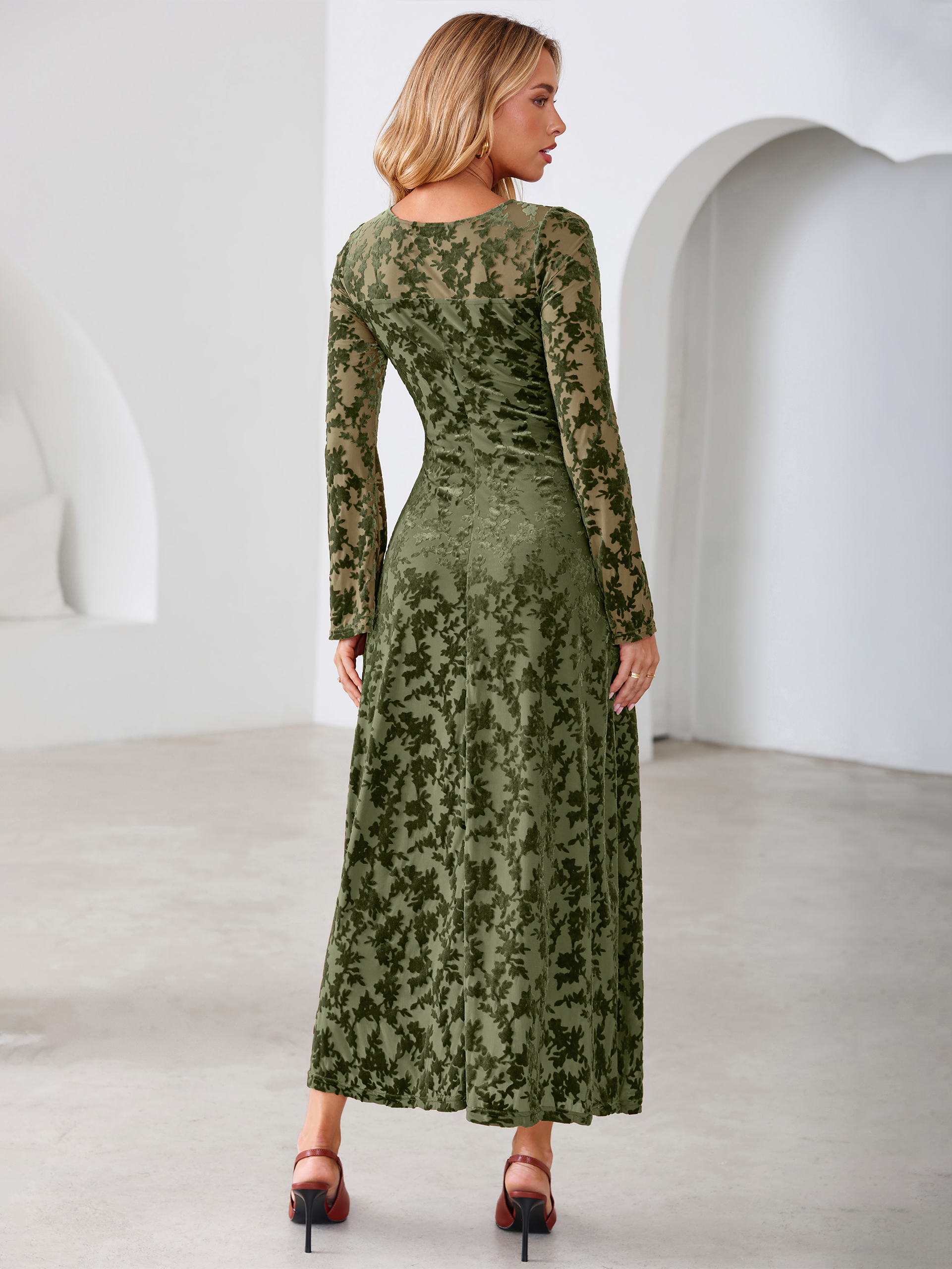 Floral Burnout Velvet Mesh Long Sleeve Maxi Dress