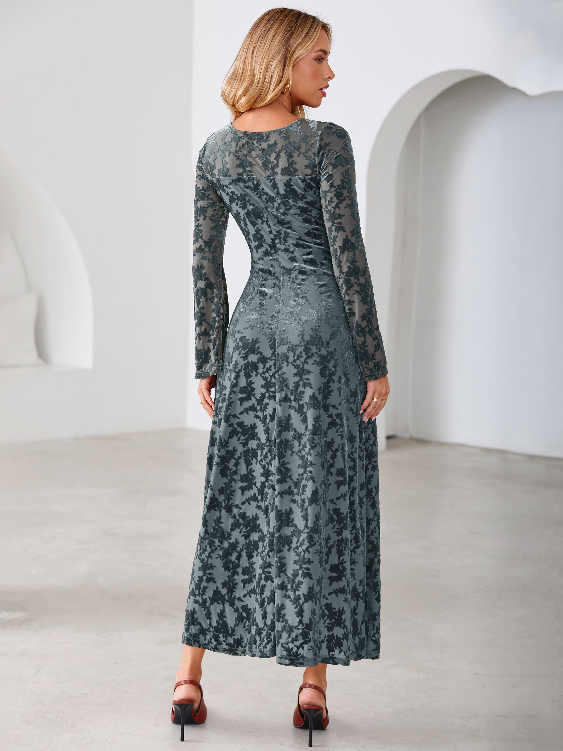 Floral Burnout Velvet Mesh Long Sleeve Maxi Dress