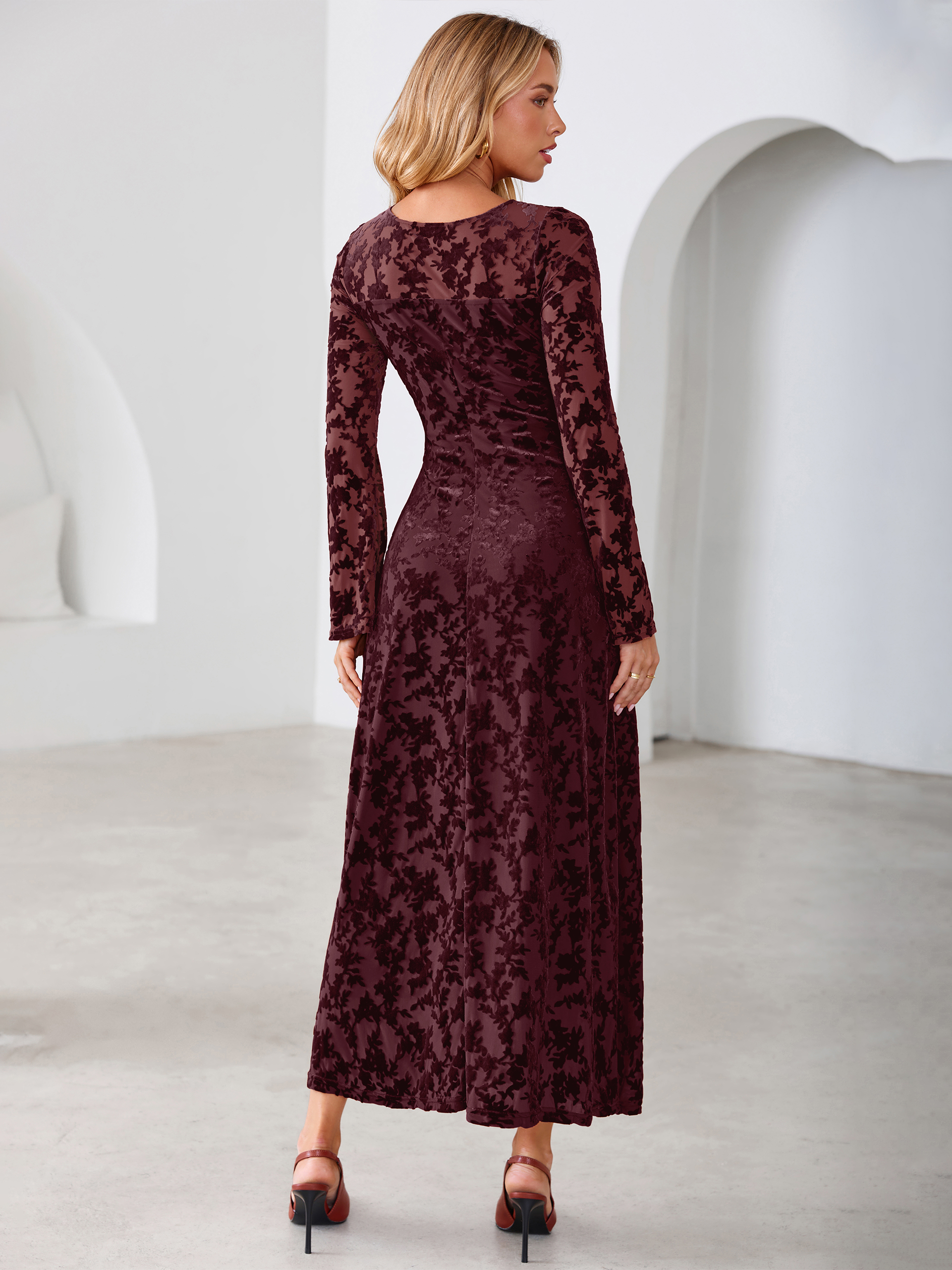 Floral Burnout Velvet Mesh Long Sleeve Maxi Dress
