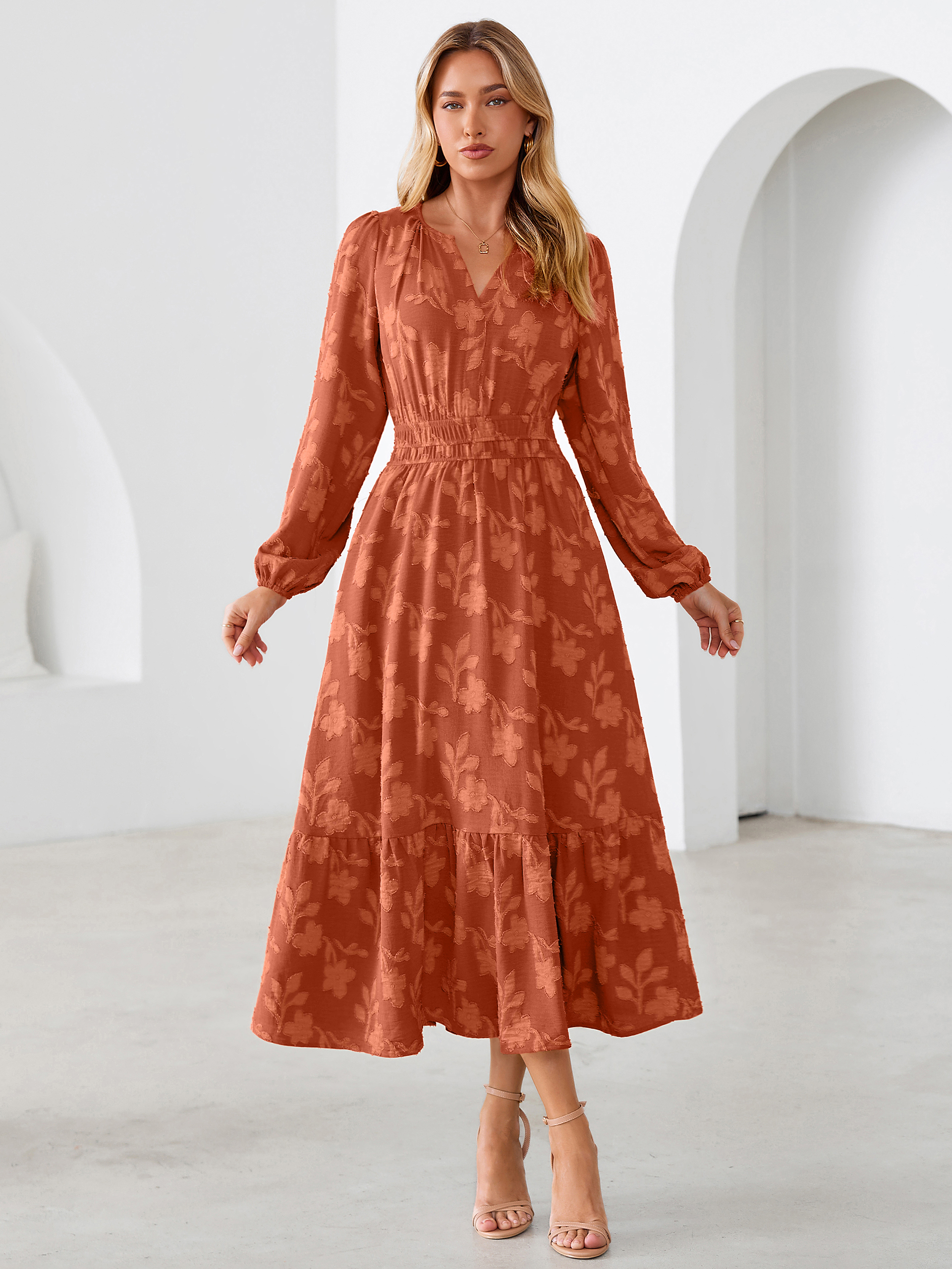 Floral Burnout V Neck Long Sleeve Maxi Dress - Burnt Orange