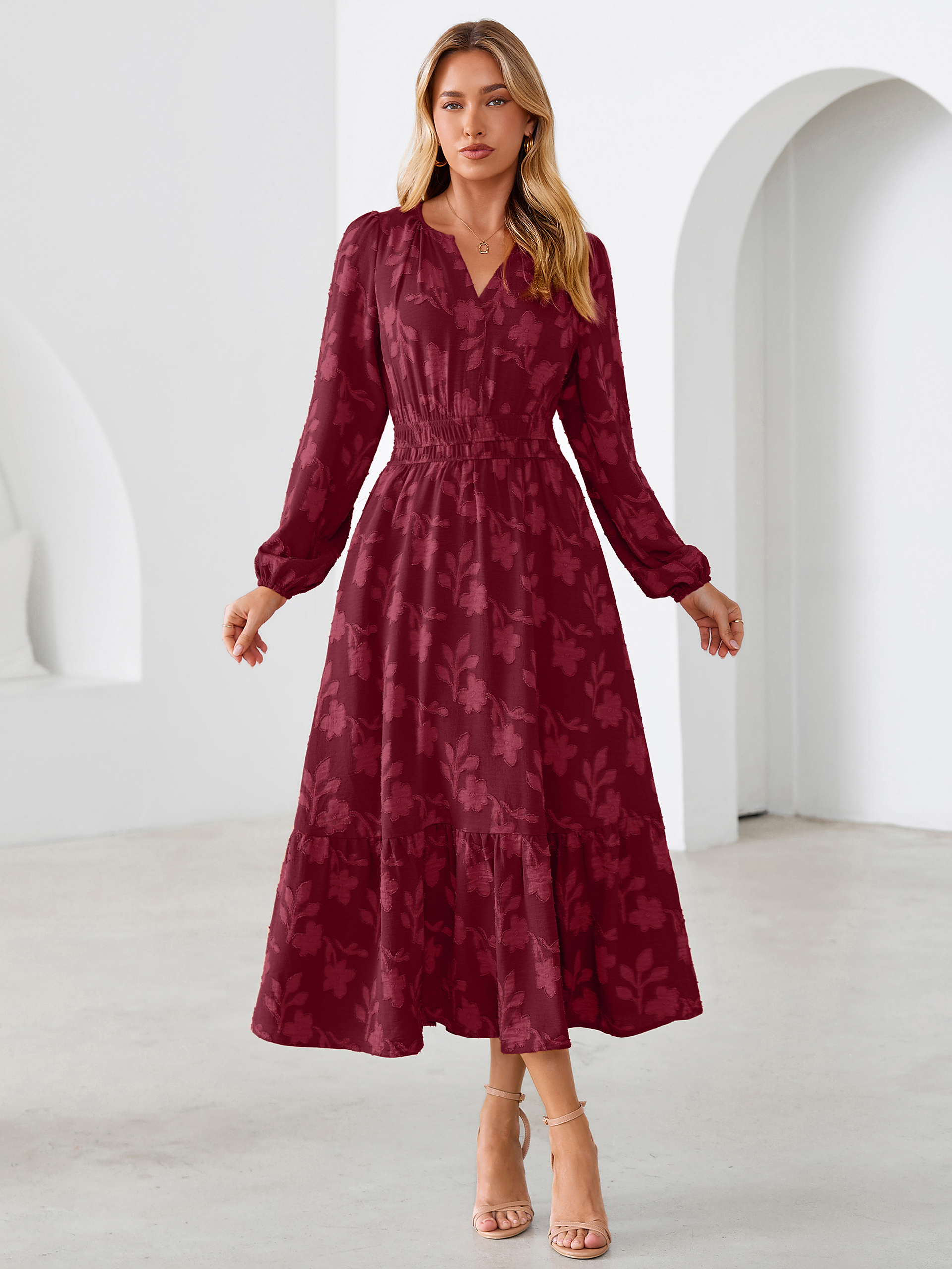 Floral Burnout V Neck Long Sleeve Maxi Dress - Wine Red