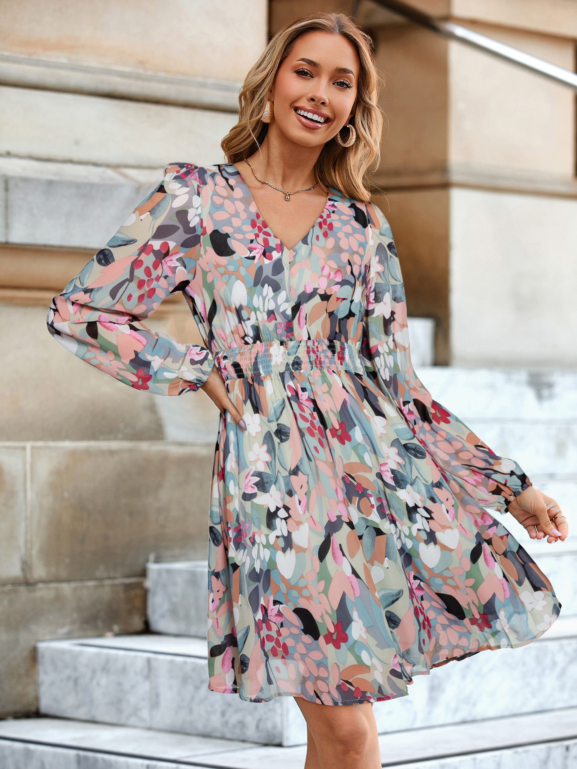 Boho Flowy Floral Chiffon Wedding Guest Mini Dress