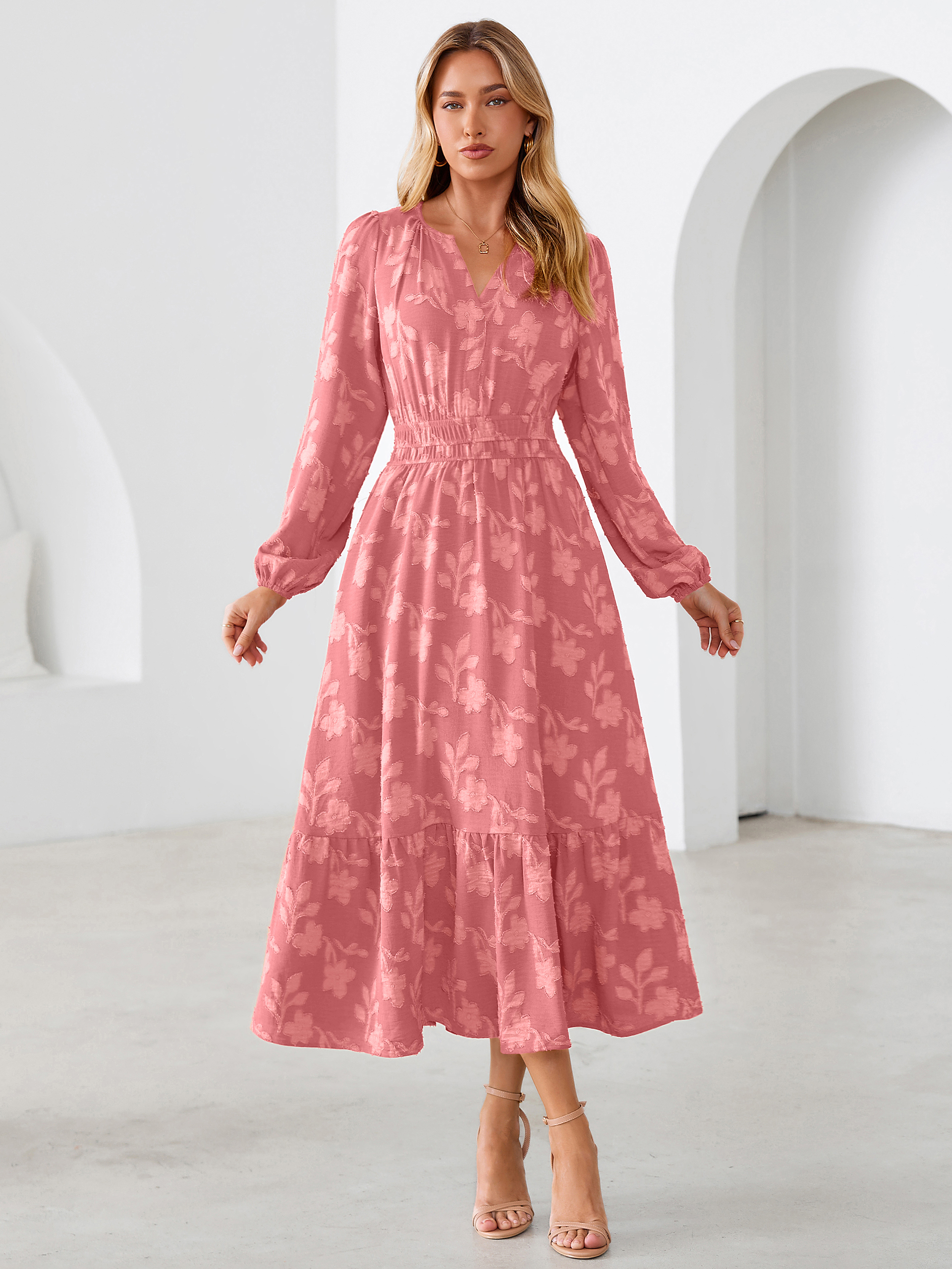 Floral Burnout V Neck Long Sleeve Maxi Dress - Rust Pink