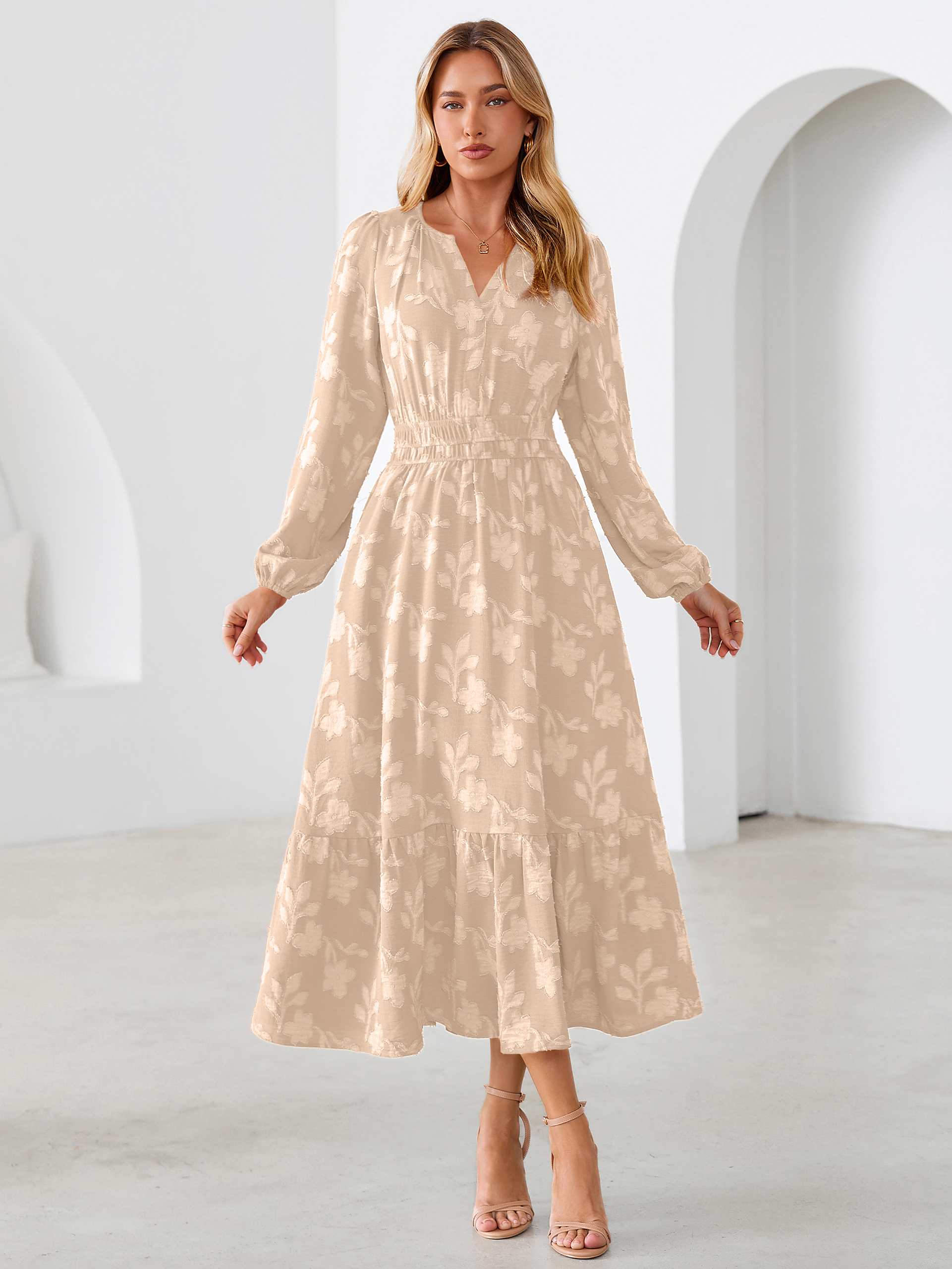 Floral Burnout V Neck Long Sleeve Maxi Dress - Beige