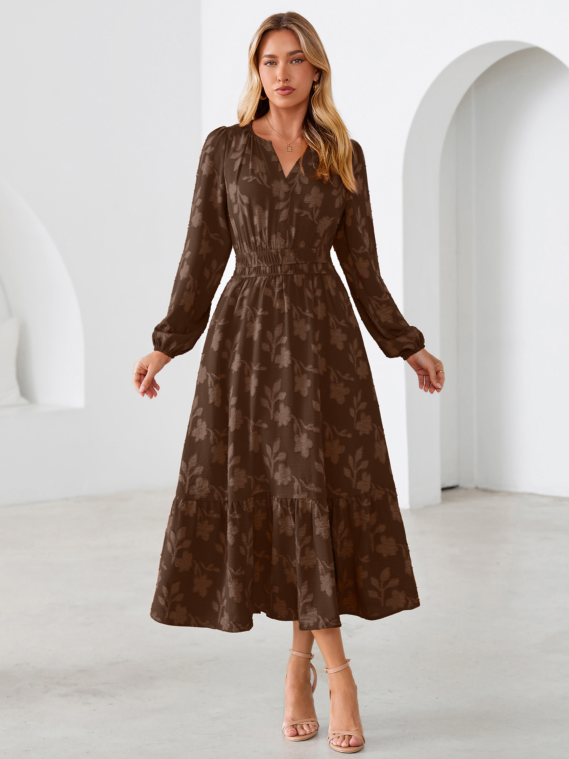 Floral Burnout V Neck Long Sleeve Maxi Dress - Chocolate Brown