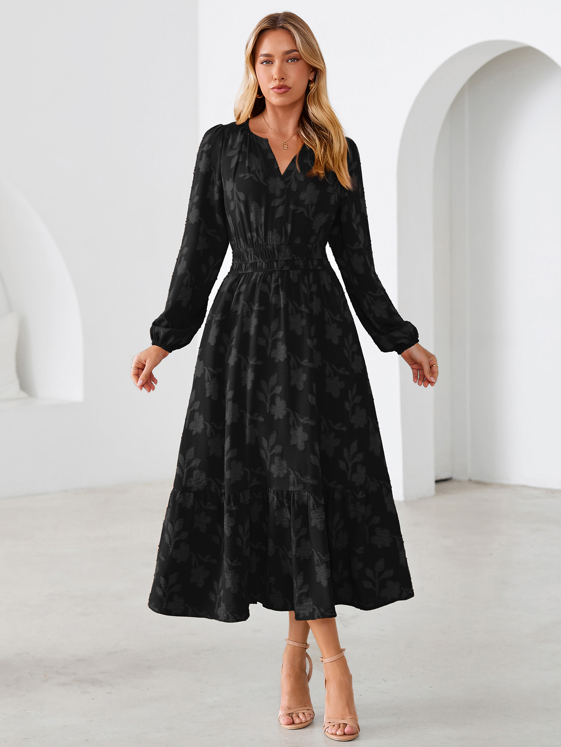 Floral Burnout V Neck Long Sleeve Maxi Dress - Black