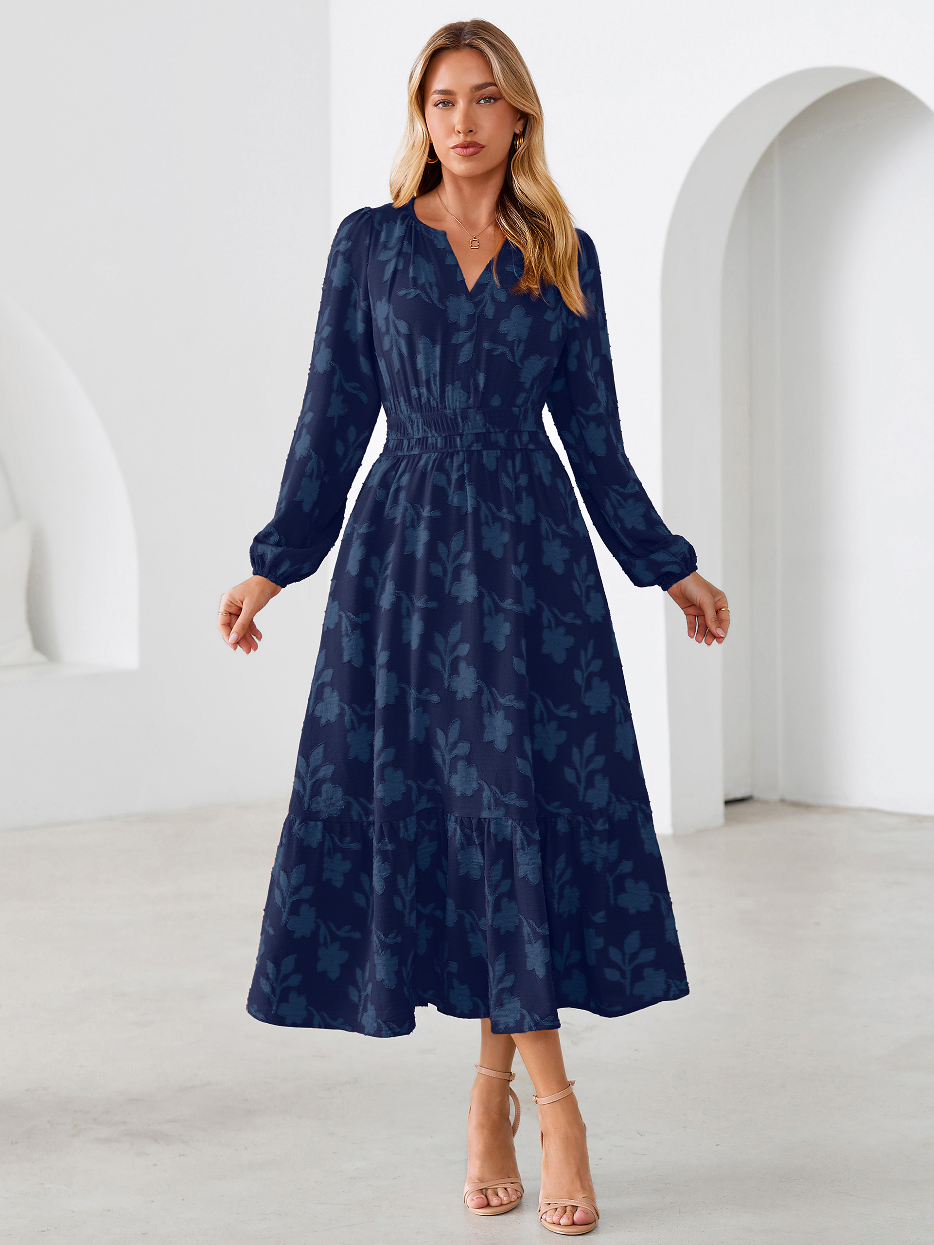 Floral Burnout V Neck Long Sleeve Maxi Dress - Navy Blue
