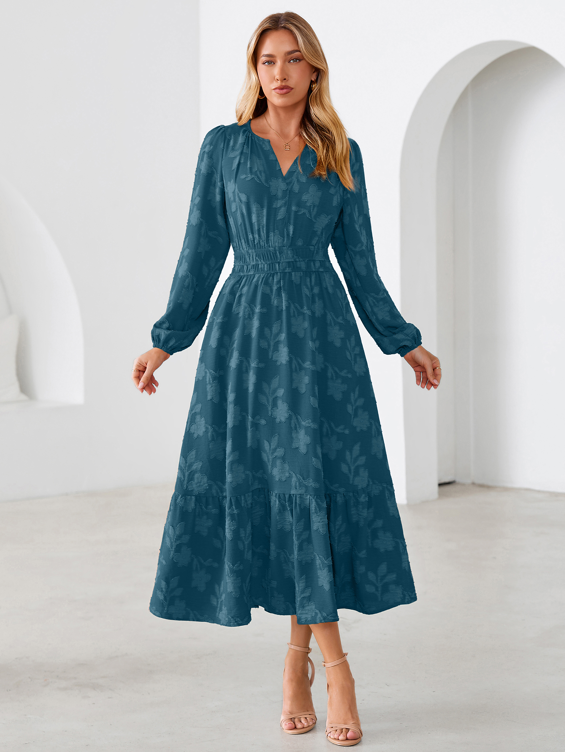 Floral Burnout V Neck Long Sleeve Maxi Dress - Lake Blue