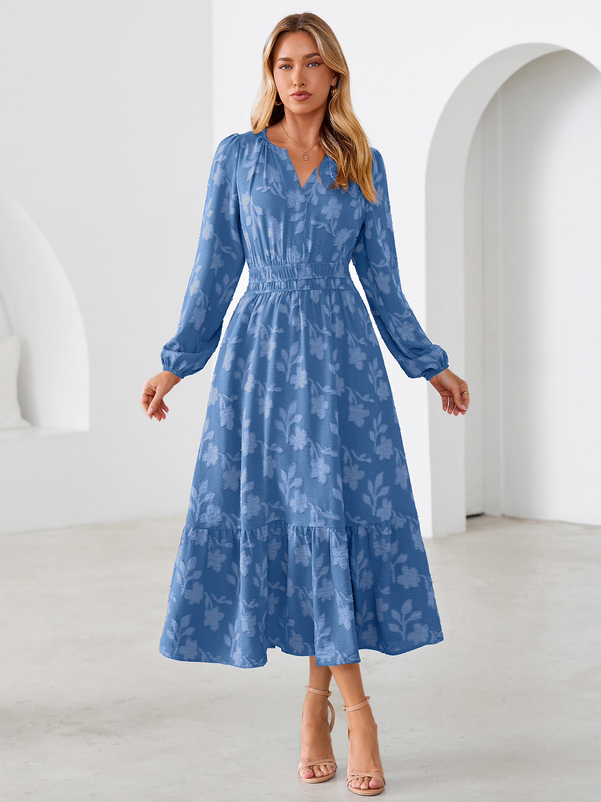 Floral Burnout V Neck Long Sleeve Maxi Dress - Blue