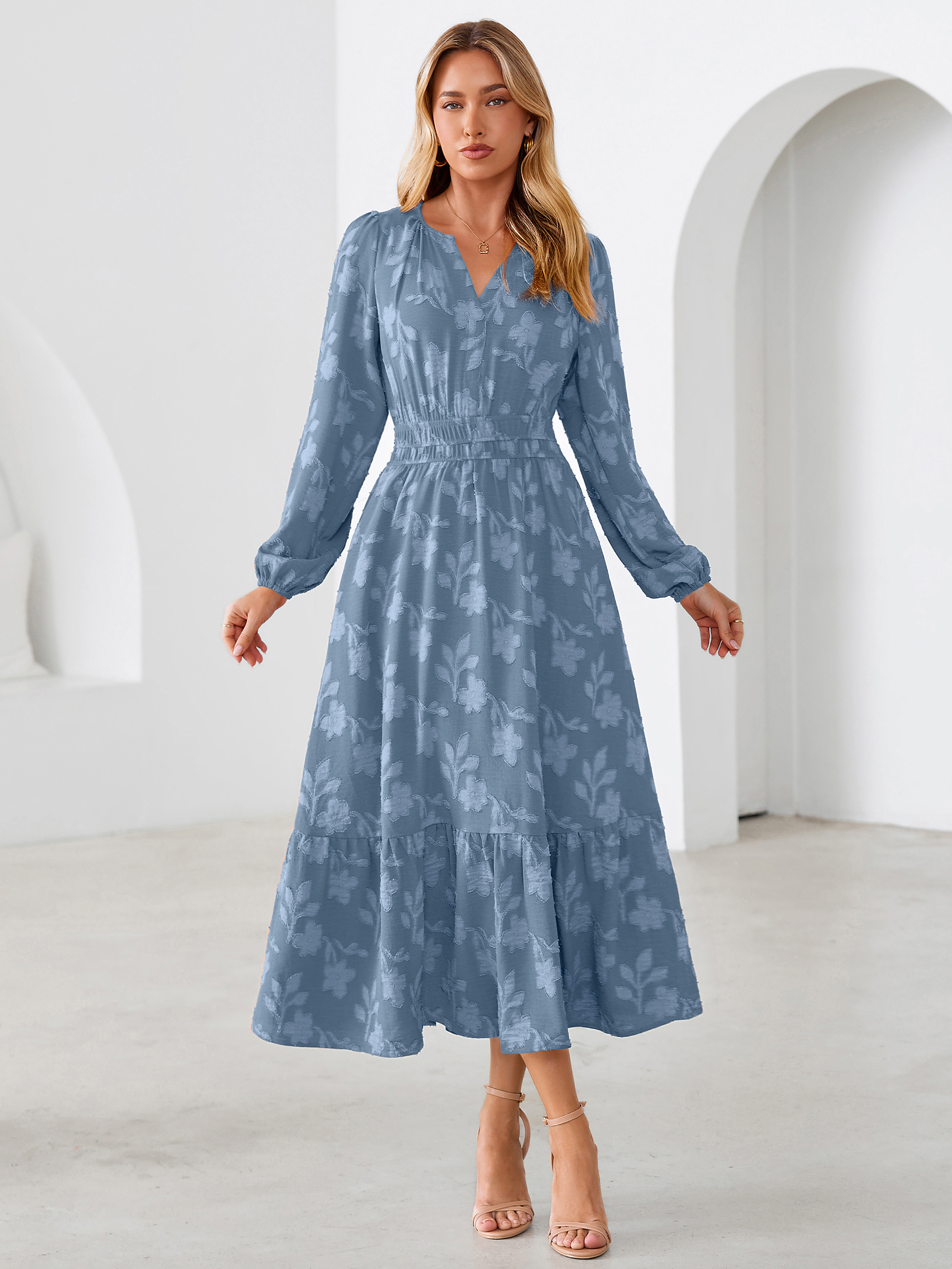 Floral Burnout V Neck Long Sleeve Maxi Dress - Dusty Blue