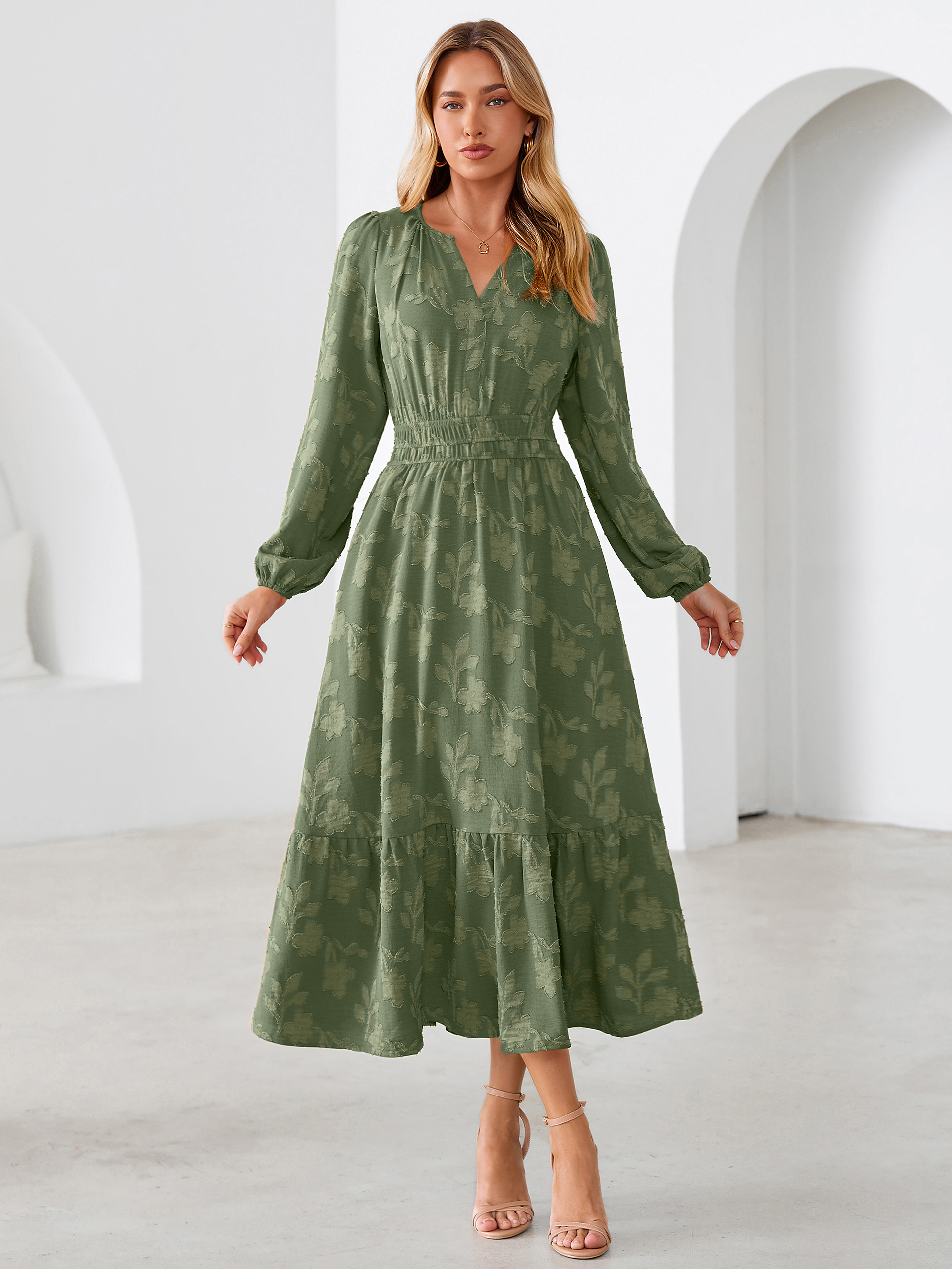 Floral Burnout V Neck Long Sleeve Maxi Dress - Army Green