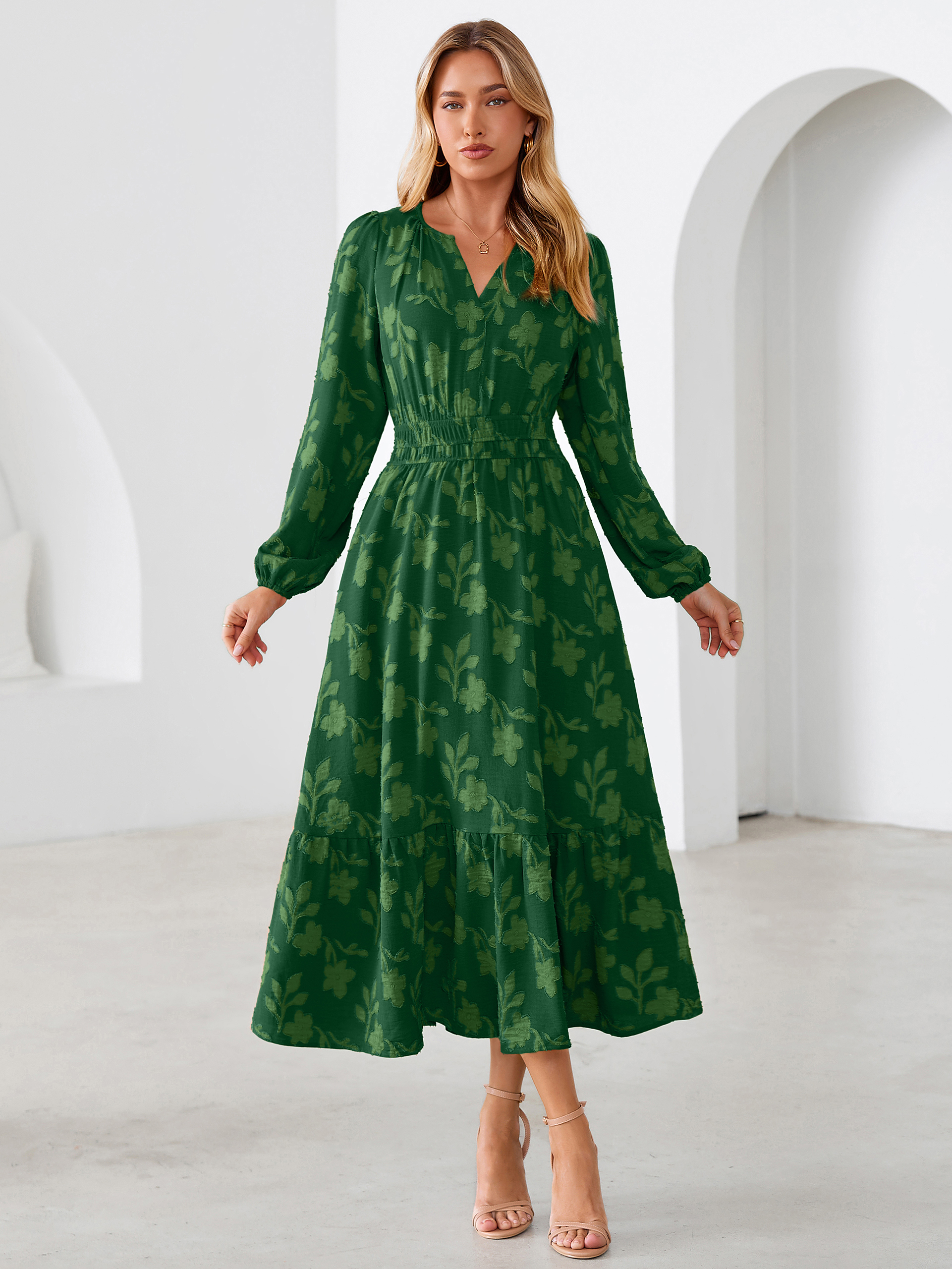 Floral Burnout V Neck Long Sleeve Maxi Dress - Emerald Green