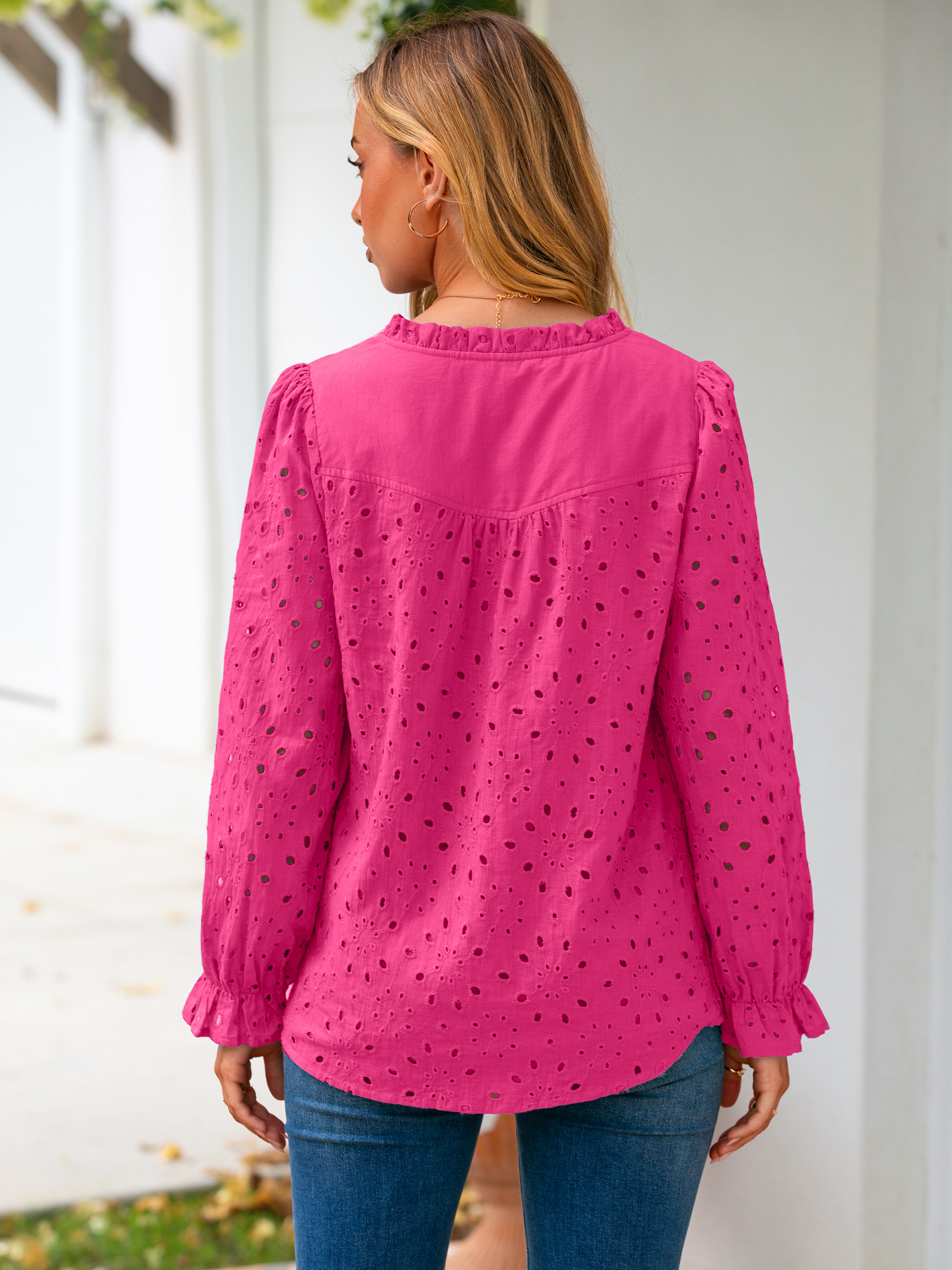 Eyelet Lace Puff Sleeve Button Down Blouse - Rose Red