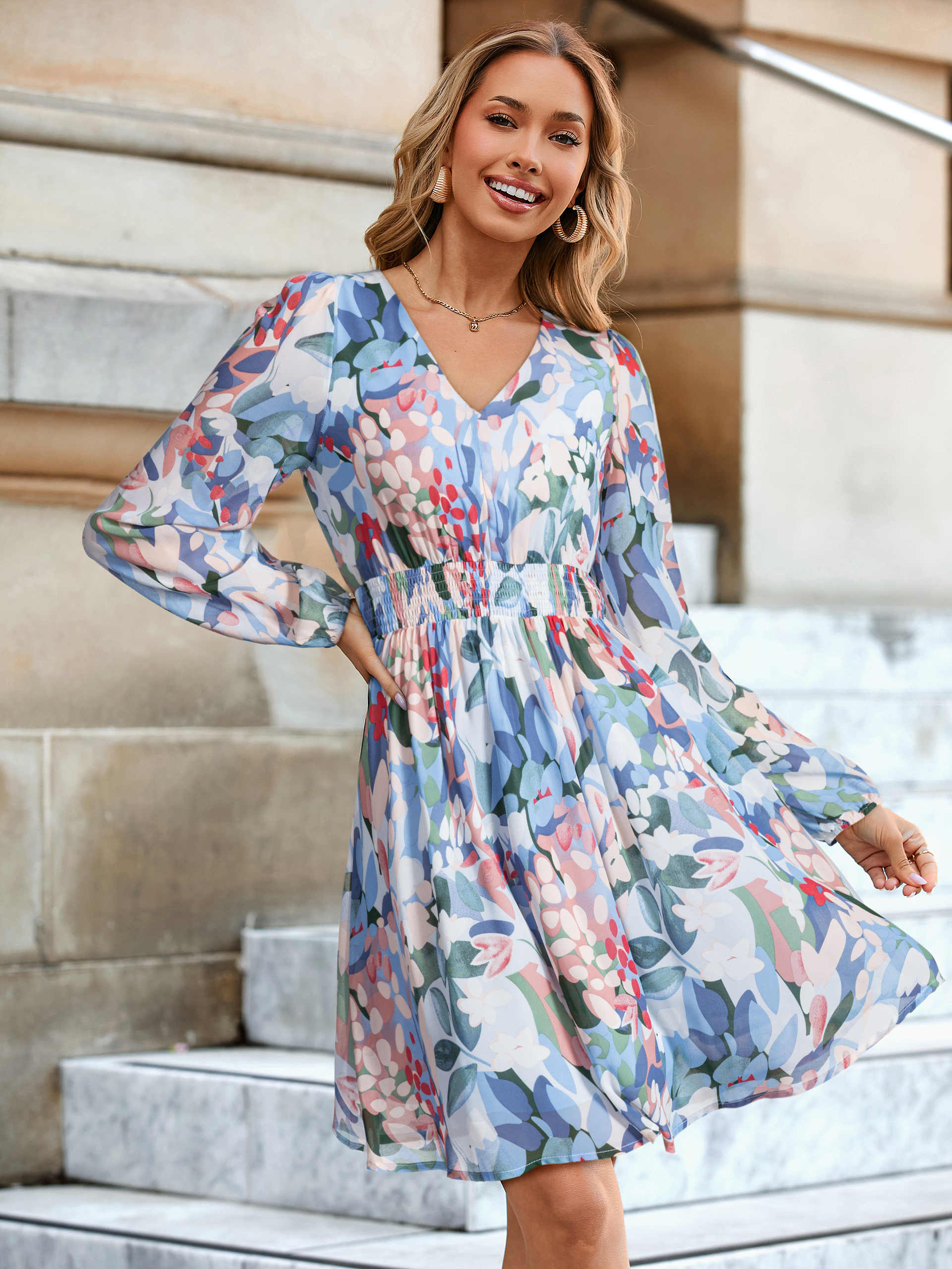 Boho Flowy Floral Chiffon Wedding Guest Mini Dress