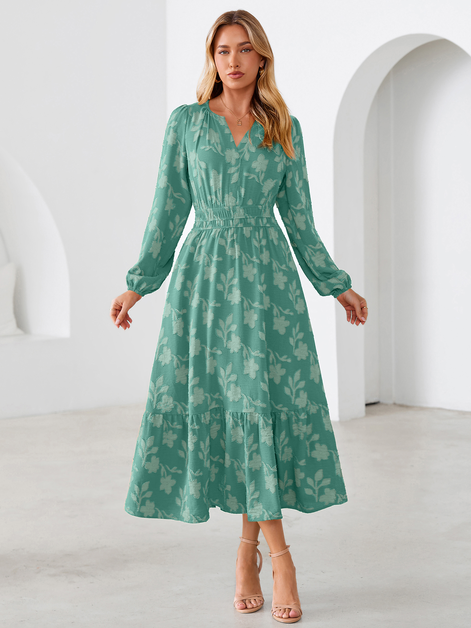Floral Burnout V Neck Long Sleeve Maxi Dress - Teal