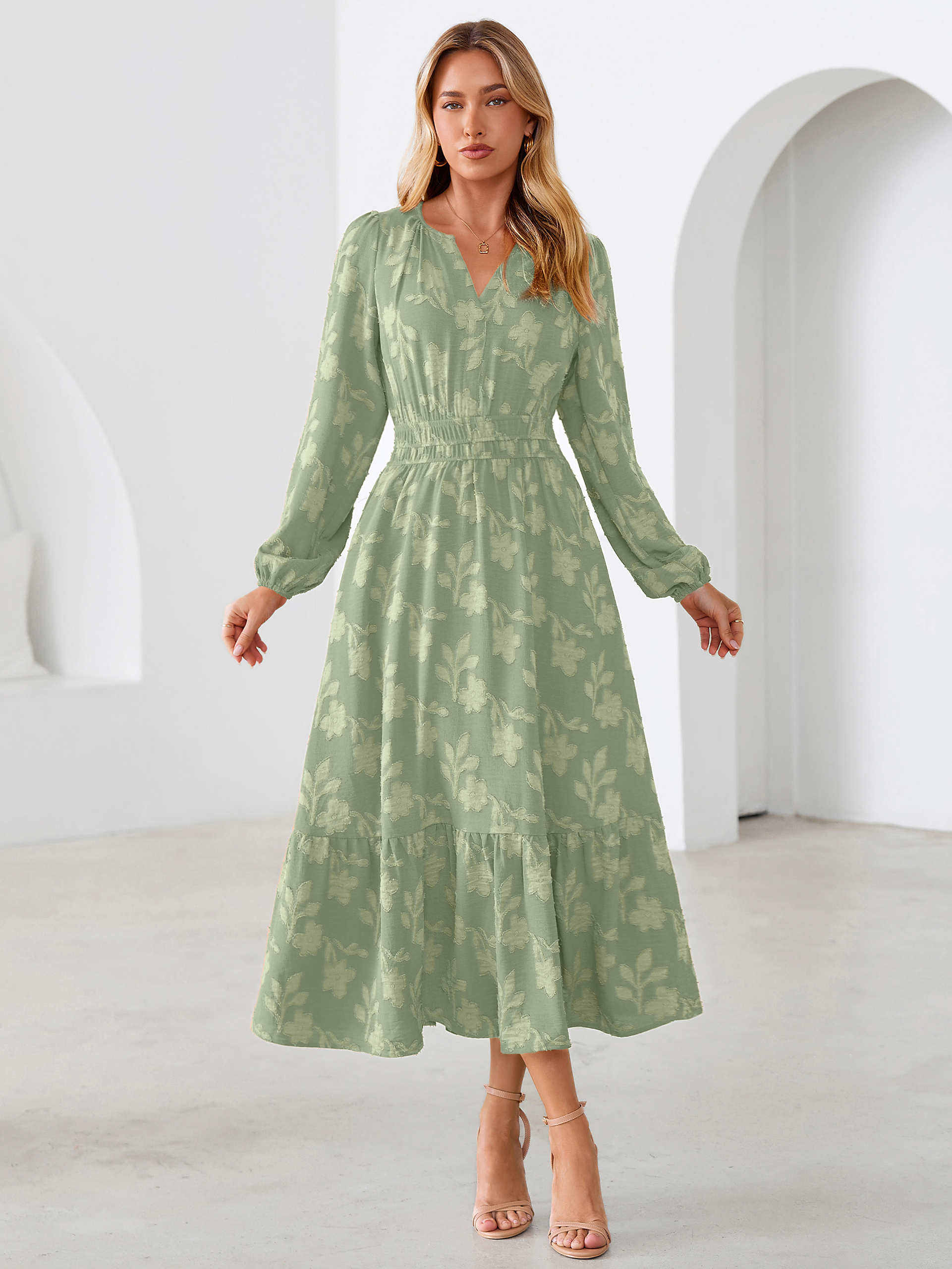 Floral Burnout V Neck Long Sleeve Maxi Dress - Sage Green