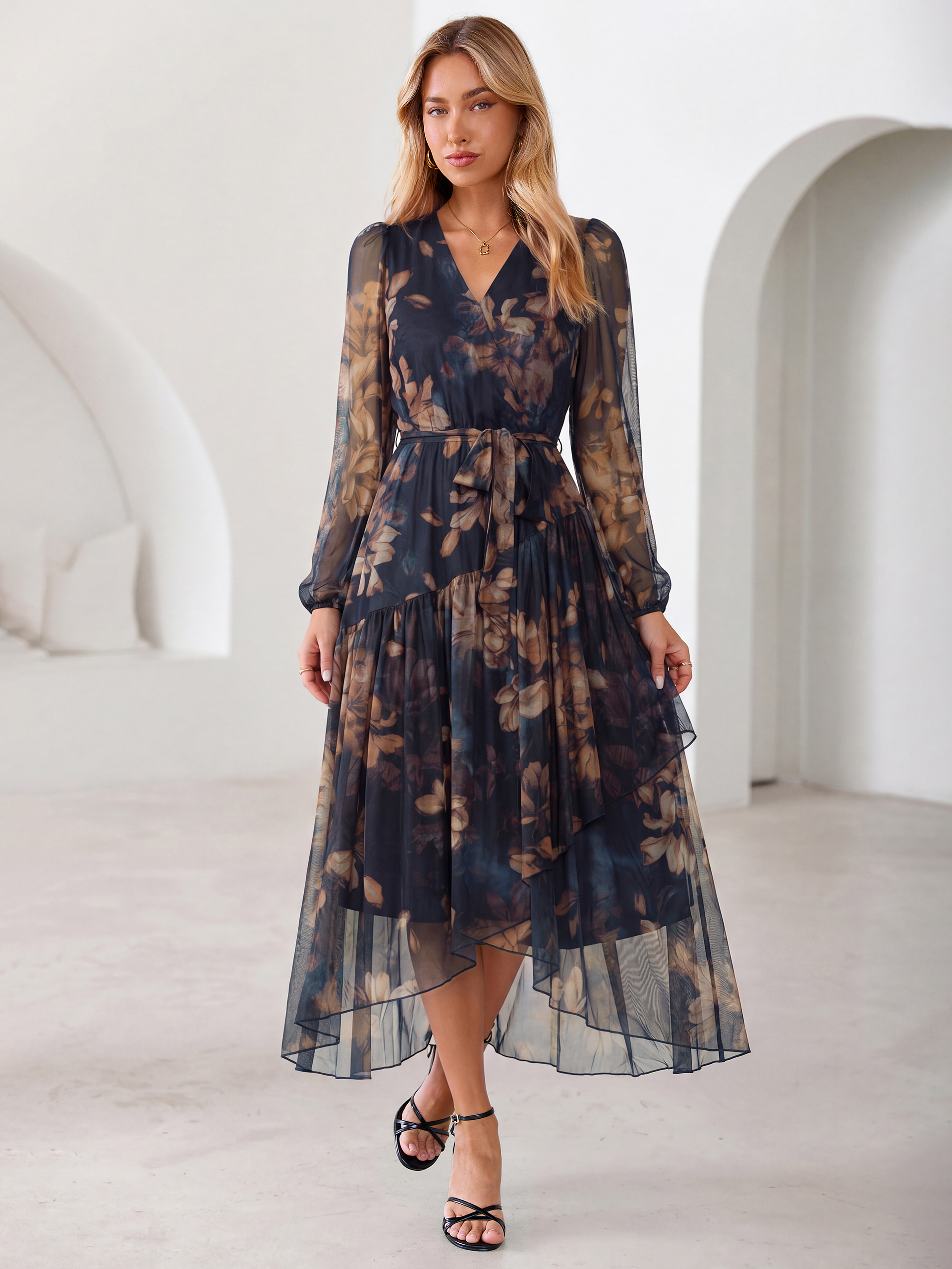 Floral Tulle Faux Wrap Long Sleeve Maxi Dress - Brown Navy