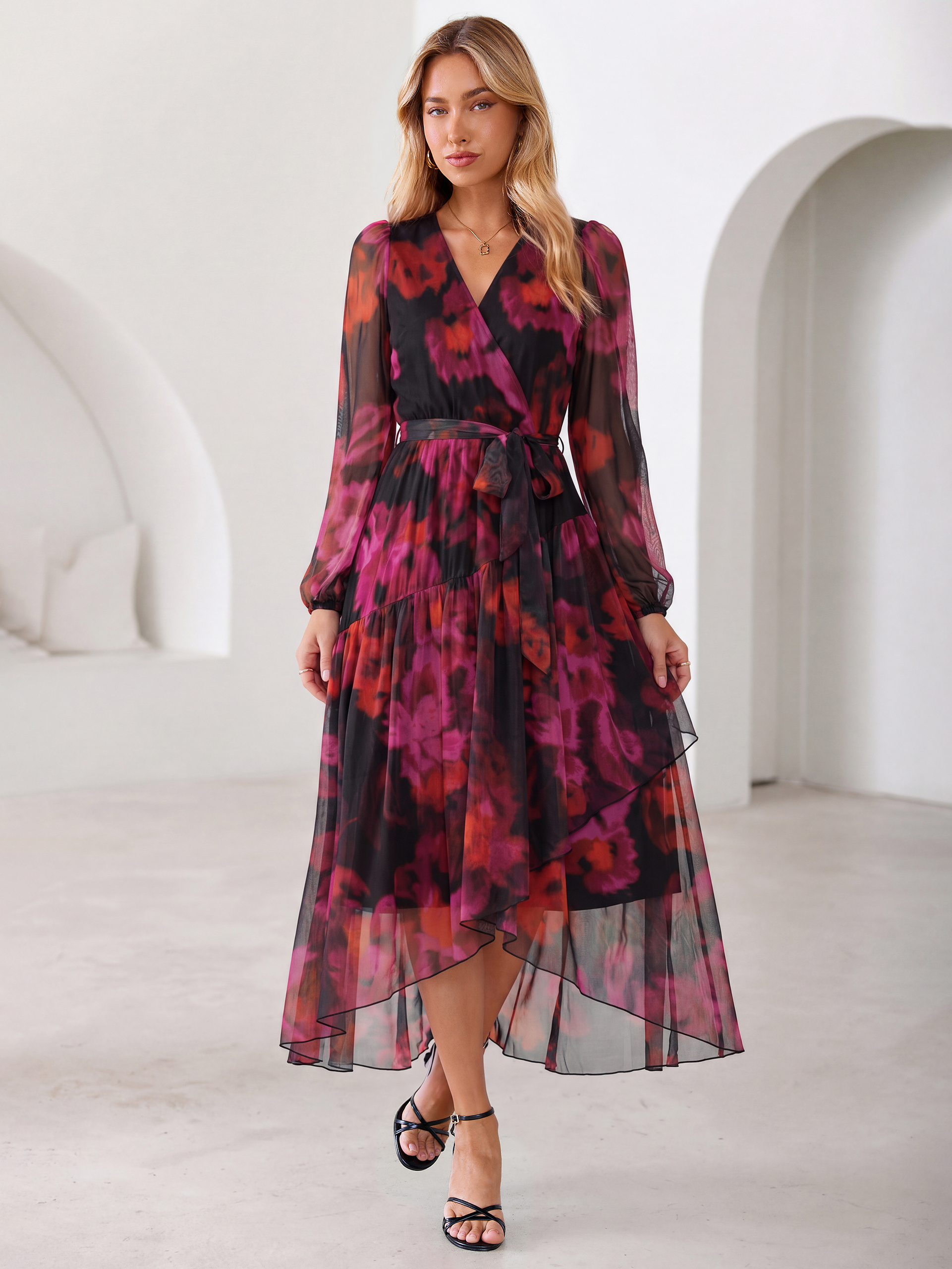 Floral Tulle Faux Wrap Long Sleeve Maxi Dress - Purple Black