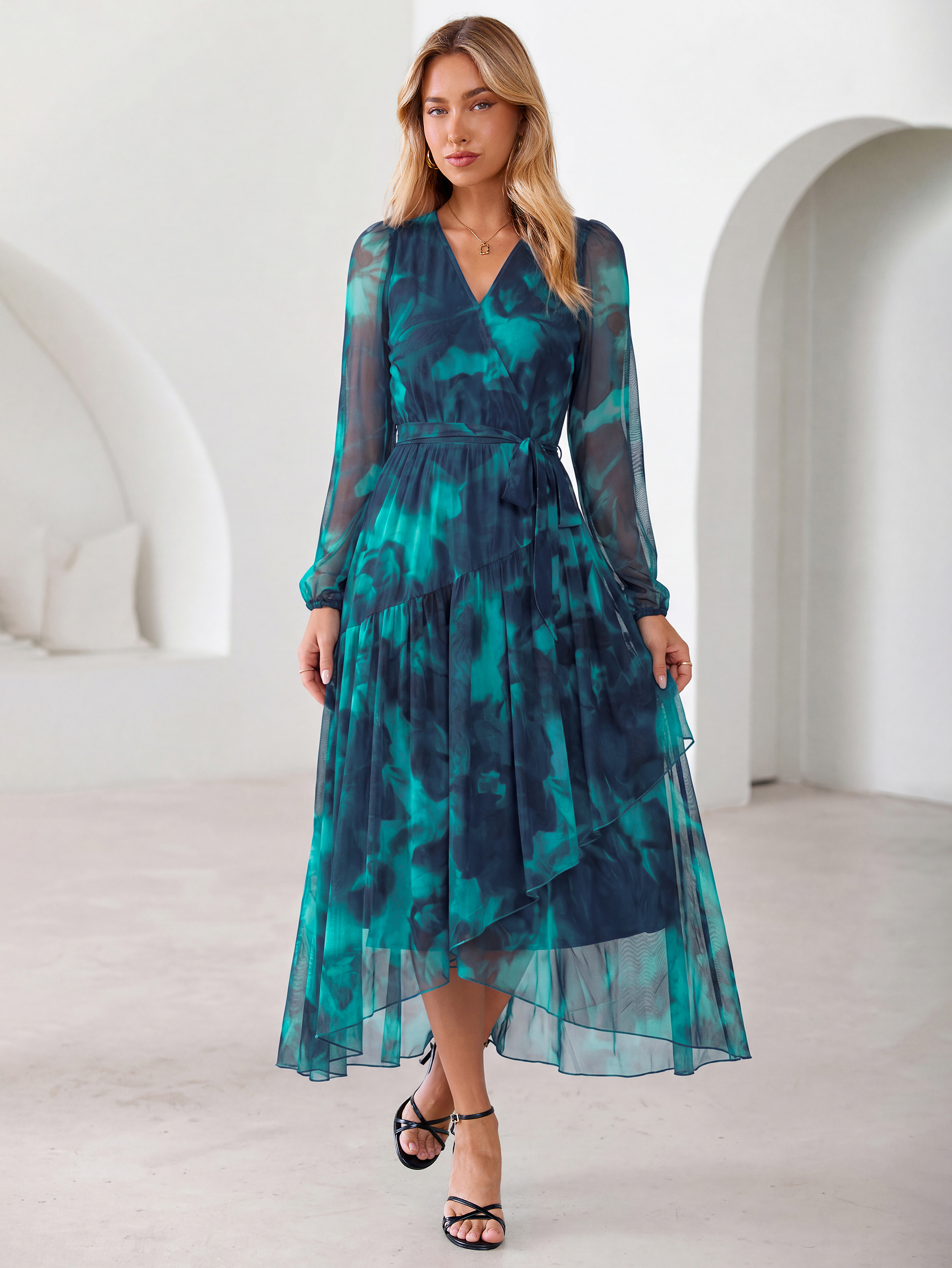 Floral Tulle Faux Wrap Long Sleeve Maxi Dress - Blue Green