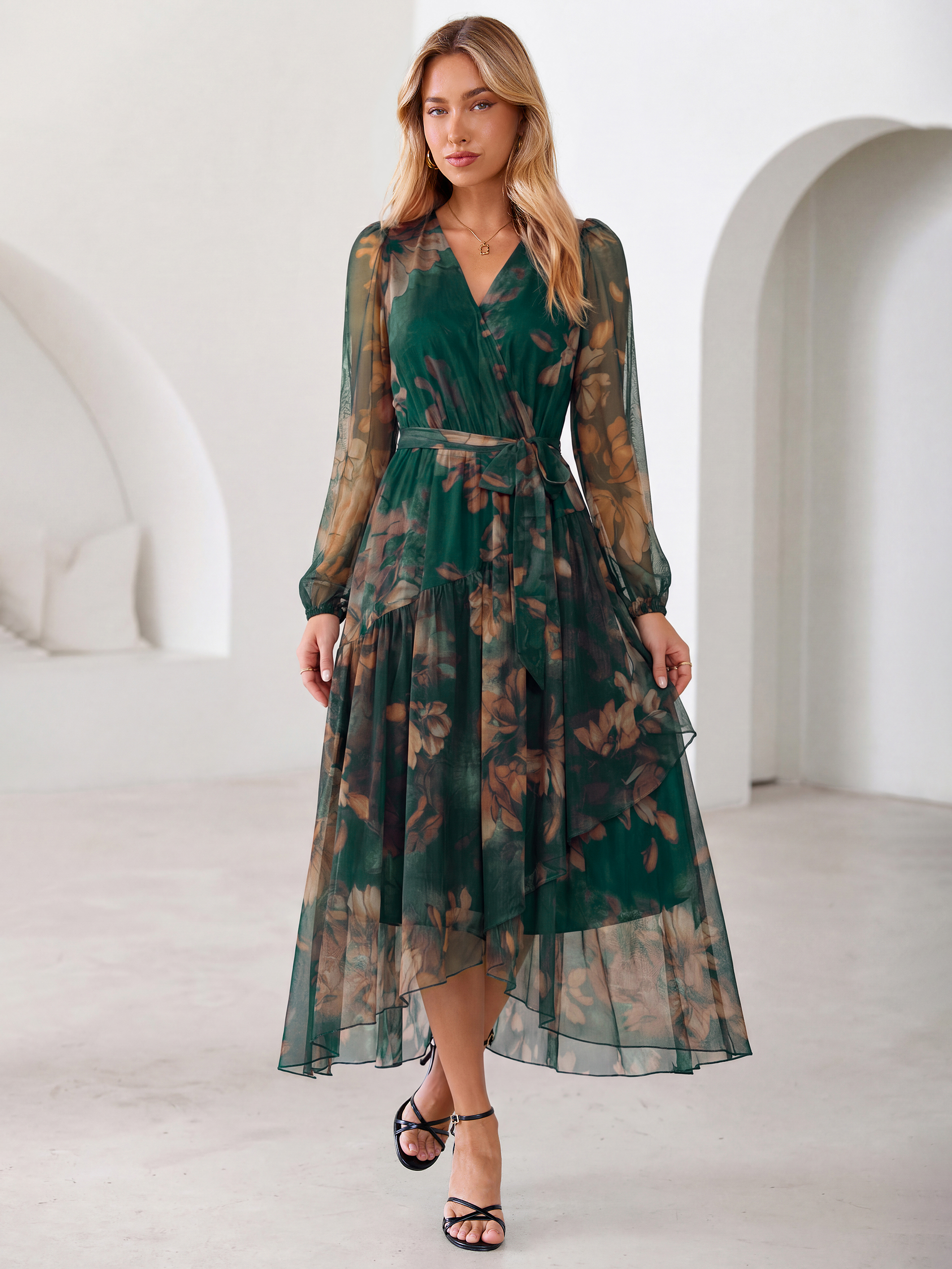 Floral Tulle Faux Wrap Long Sleeve Maxi Dress - Brown Green