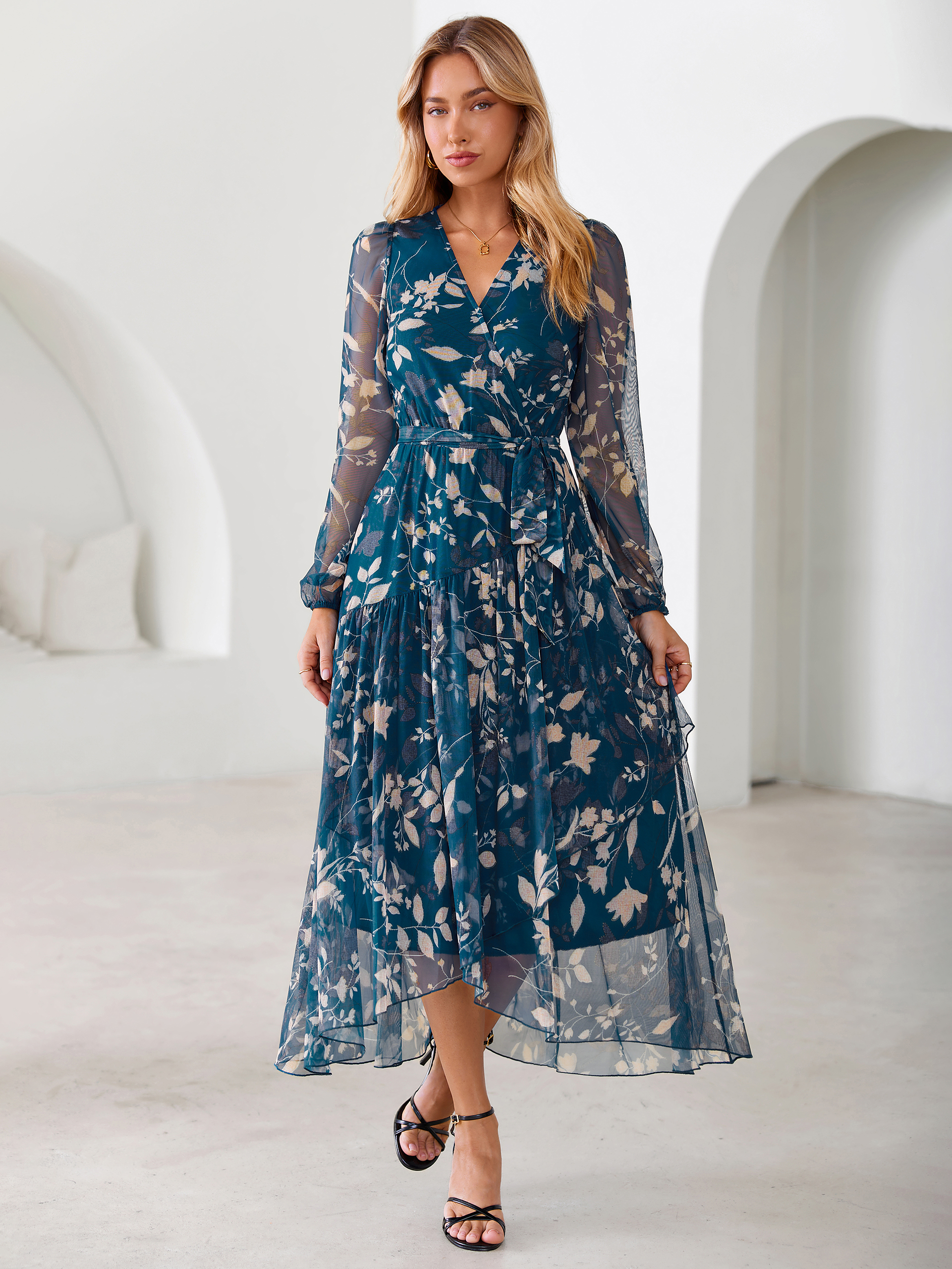 Floral Tulle Faux Wrap Long Sleeve Maxi Dress - Navy Blue