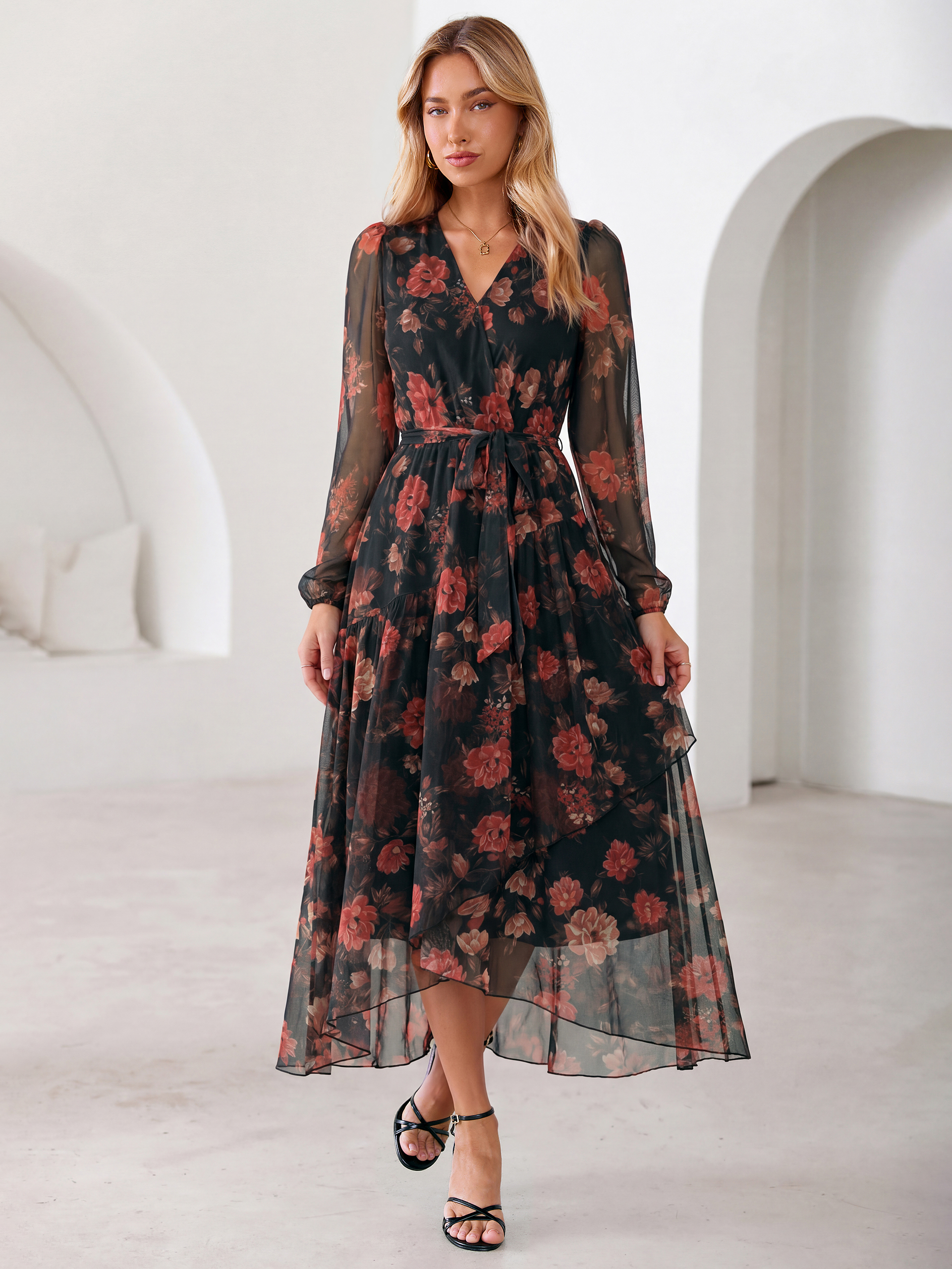 Floral Tulle Faux Wrap Long Sleeve Maxi Dress - Red Black