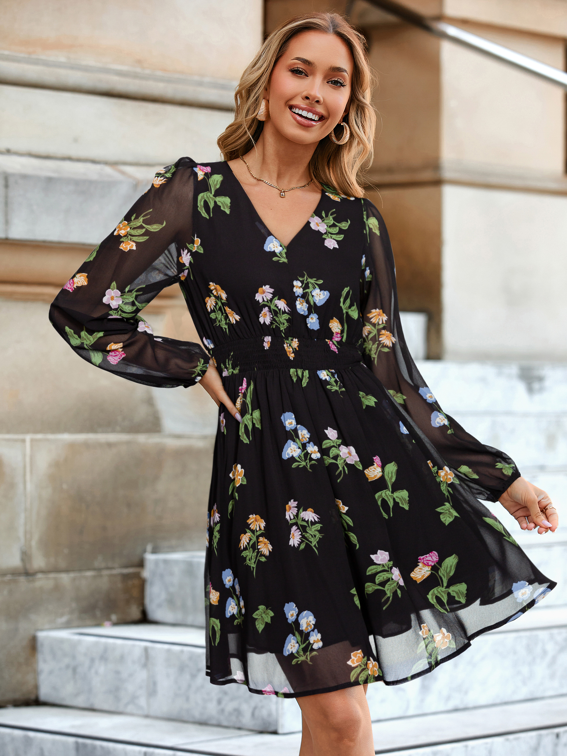 Boho Flowy Floral Chiffon Wedding Guest Mini Dress