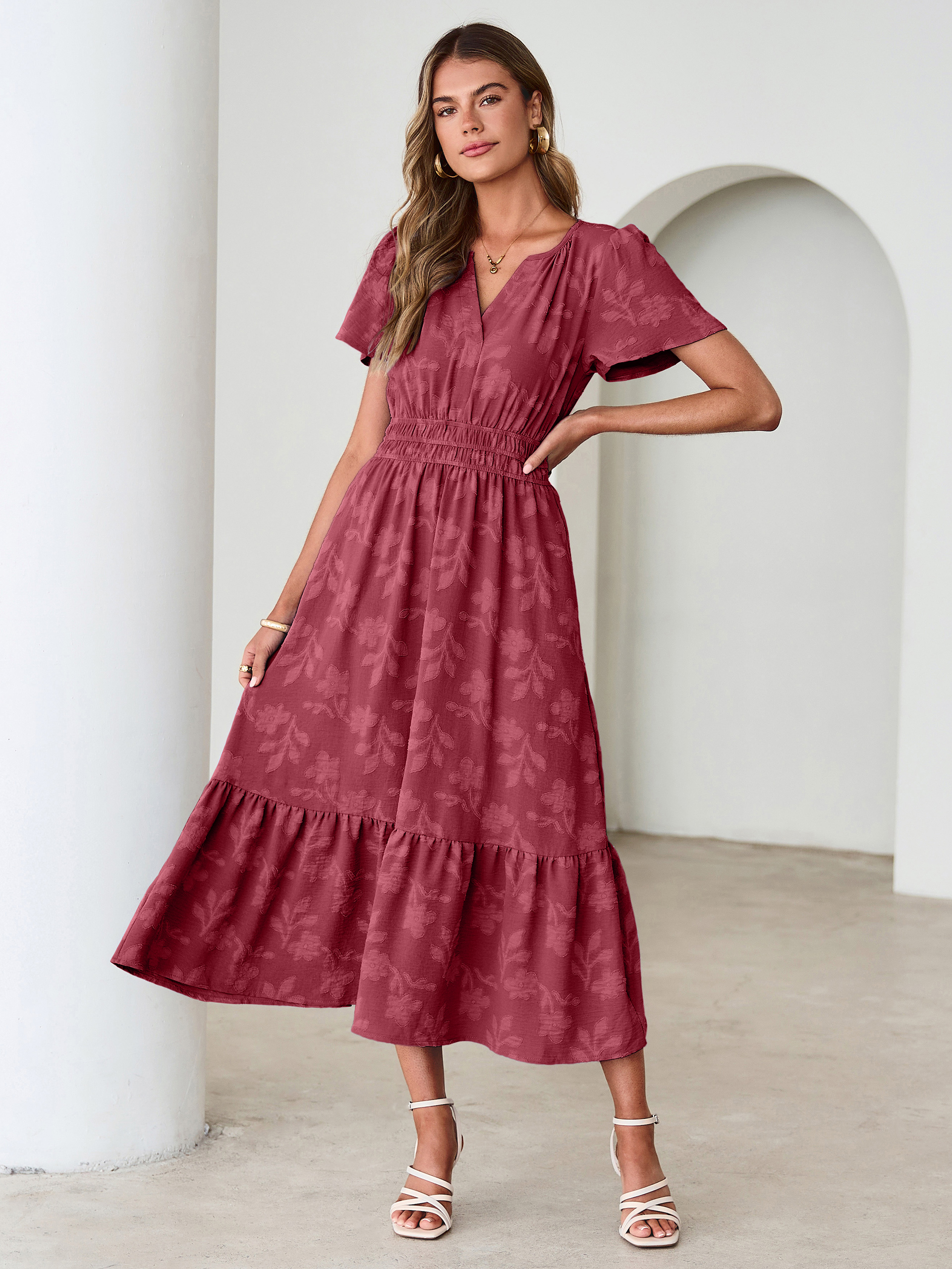 V Neck Burnout Floral Ruffle Maxi Dress