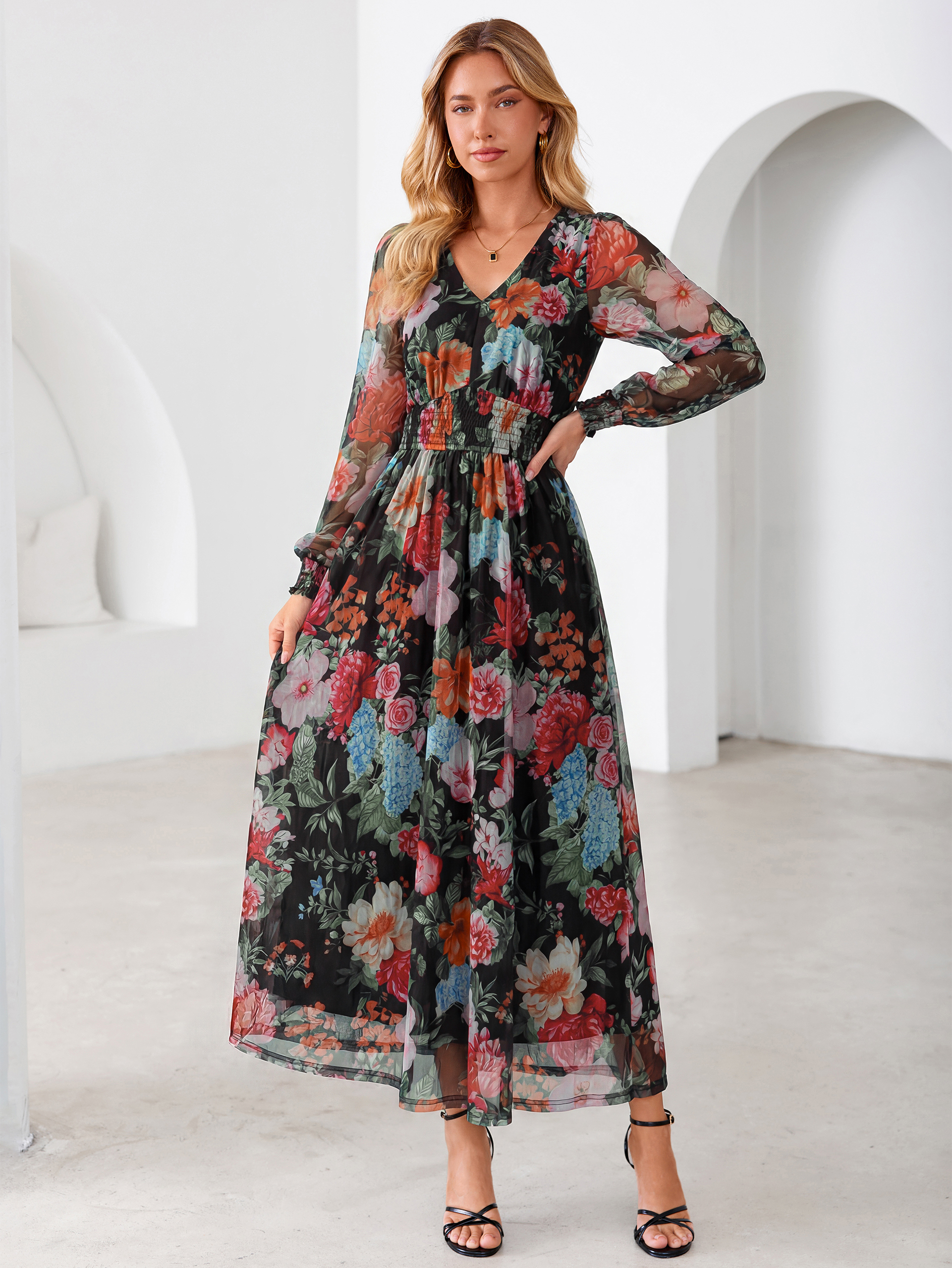 Romantic Floral Tulle Smocked Maxi Dress
