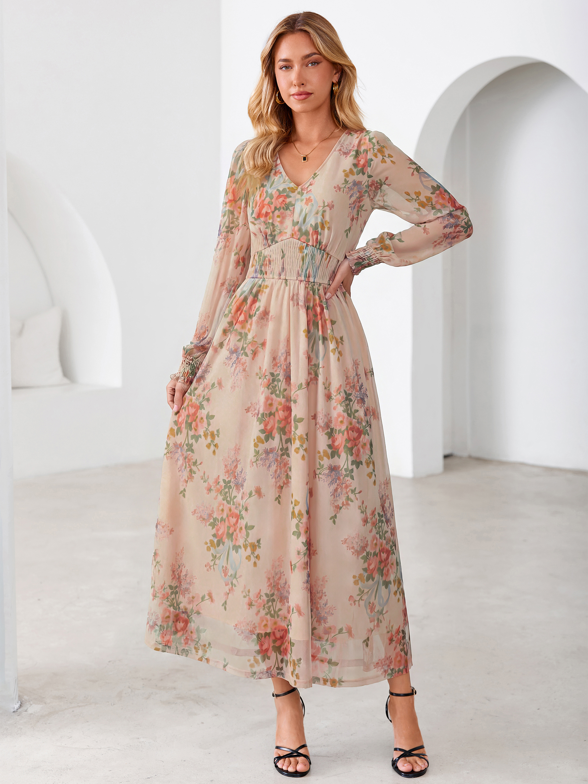 Romantic Floral Tulle Smocked Maxi Dress