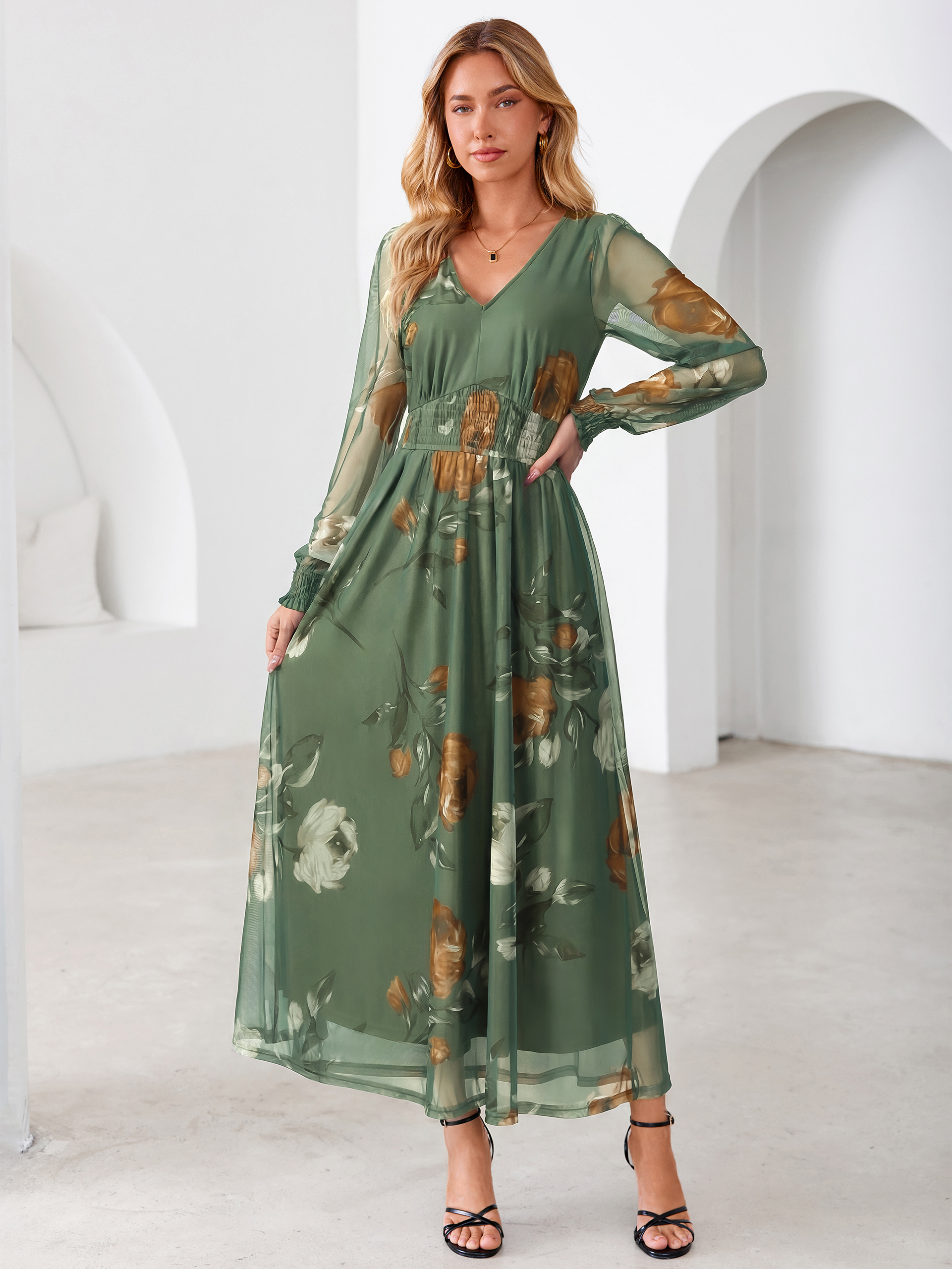 Romantic Floral Tulle Smocked Maxi Dress