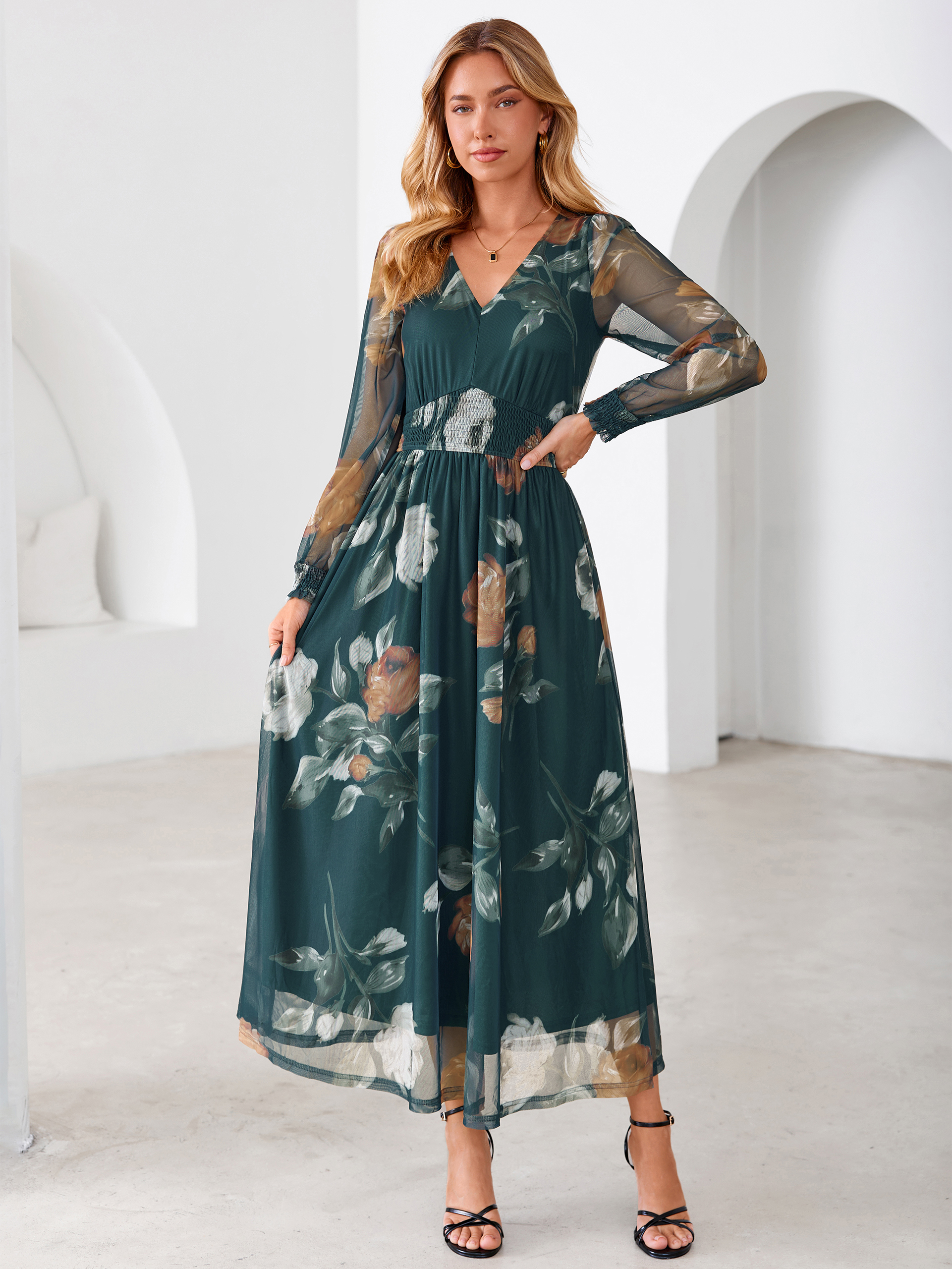 Romantic Floral Tulle Smocked Maxi Dress