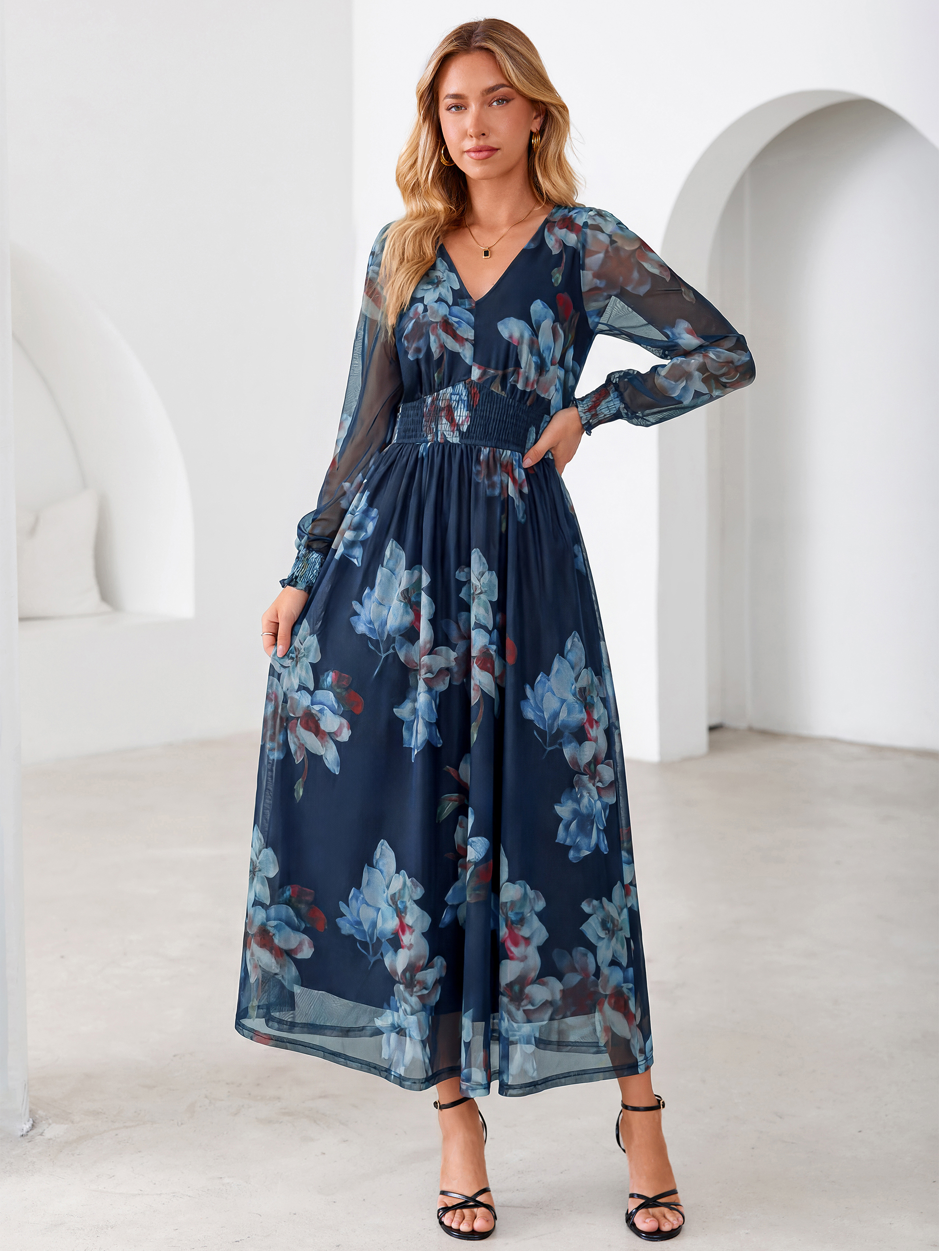 Romantic Floral Tulle Smocked Maxi Dress