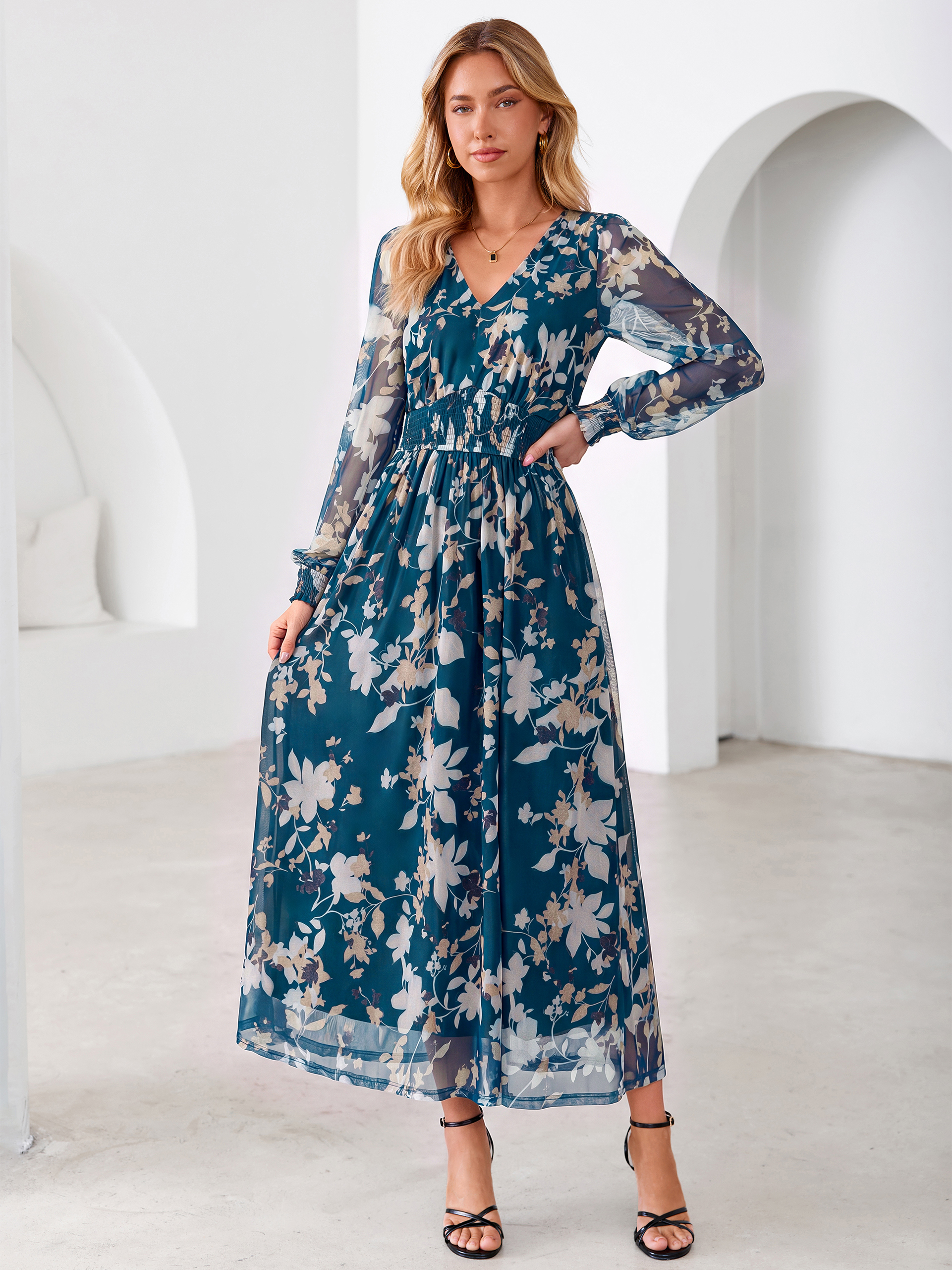Romantic Floral Tulle Smocked Maxi Dress