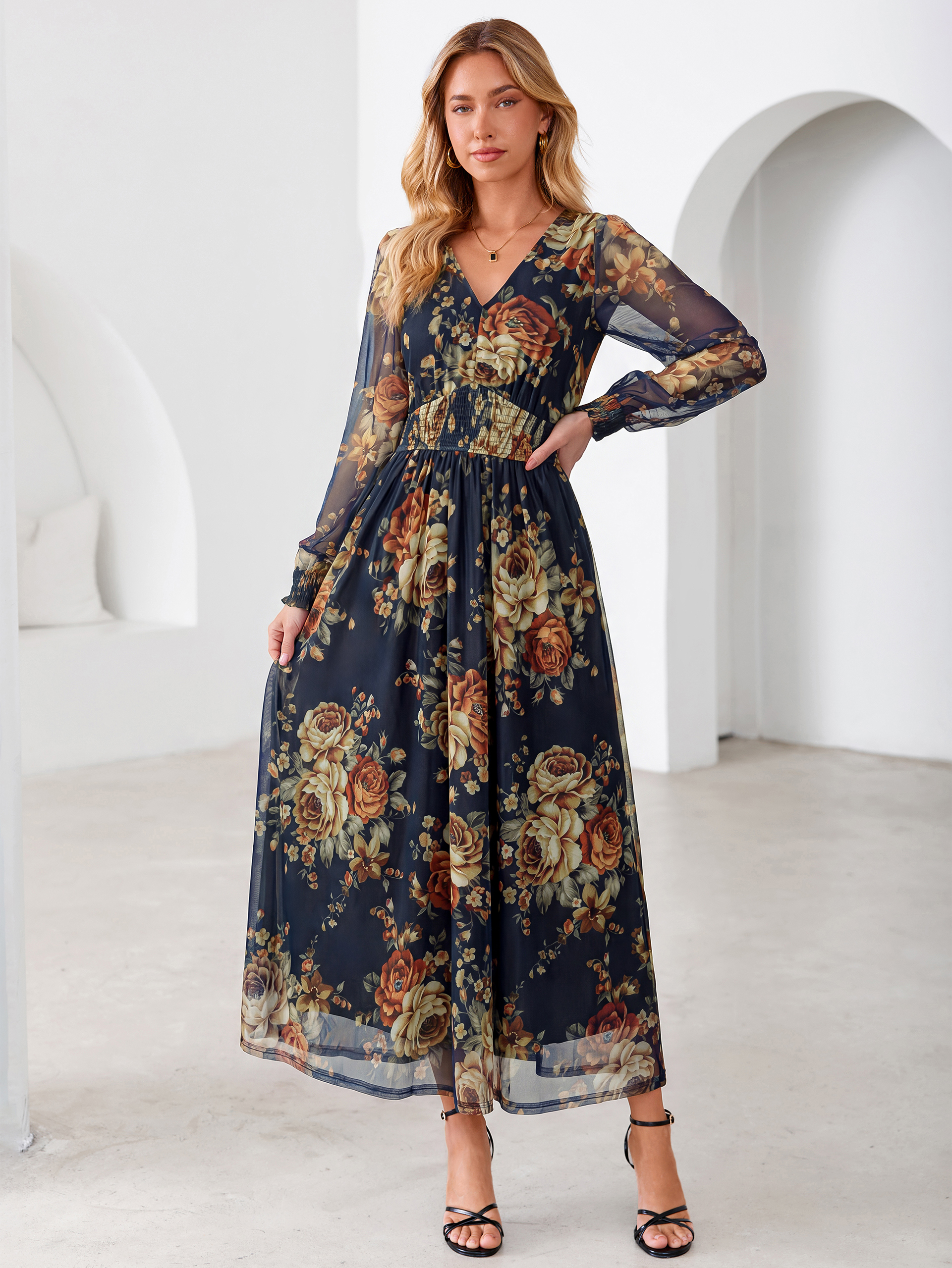 Romantic Floral Tulle Smocked Maxi Dress