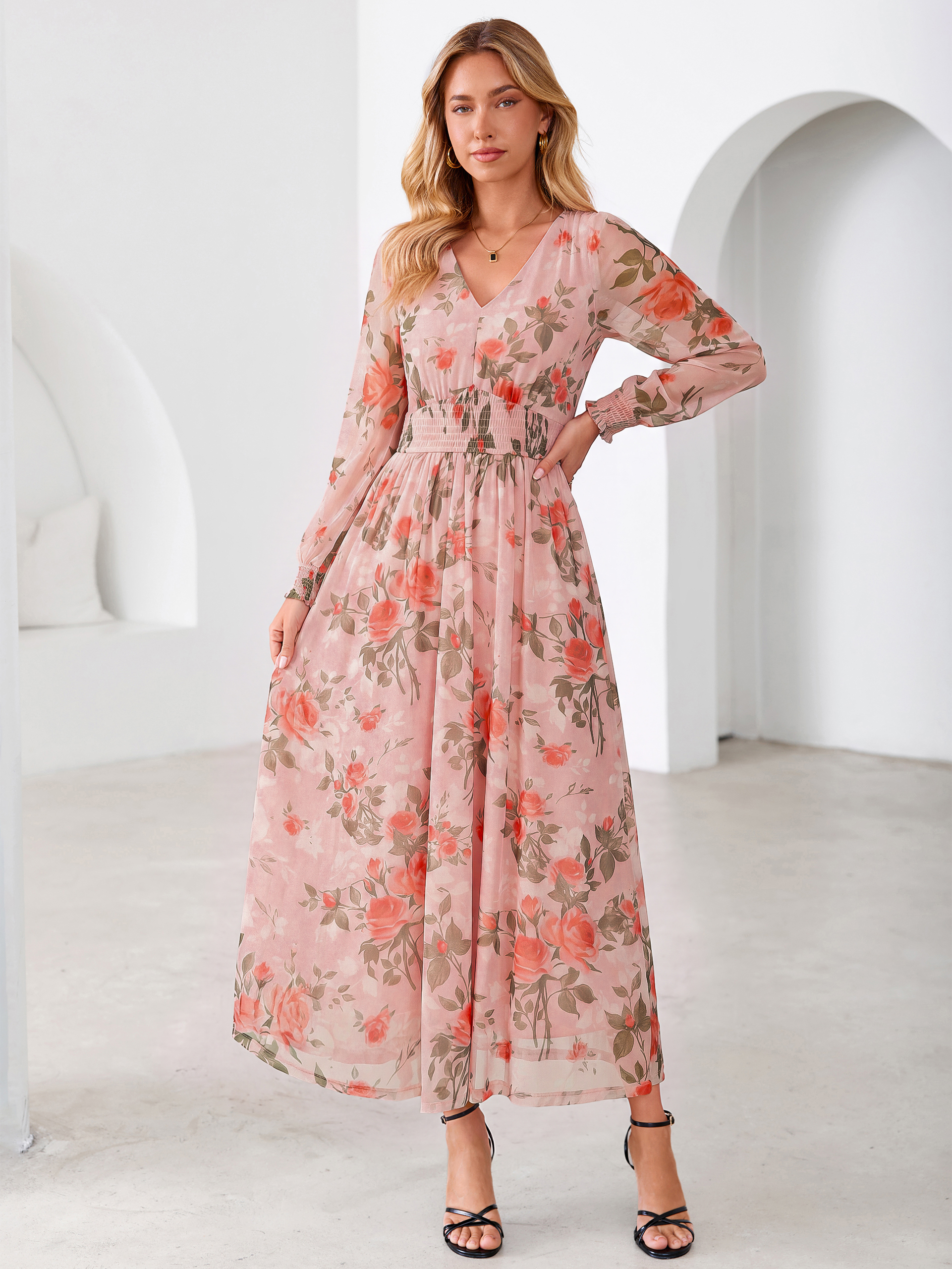 Romantic Floral Tulle Smocked Maxi Dress