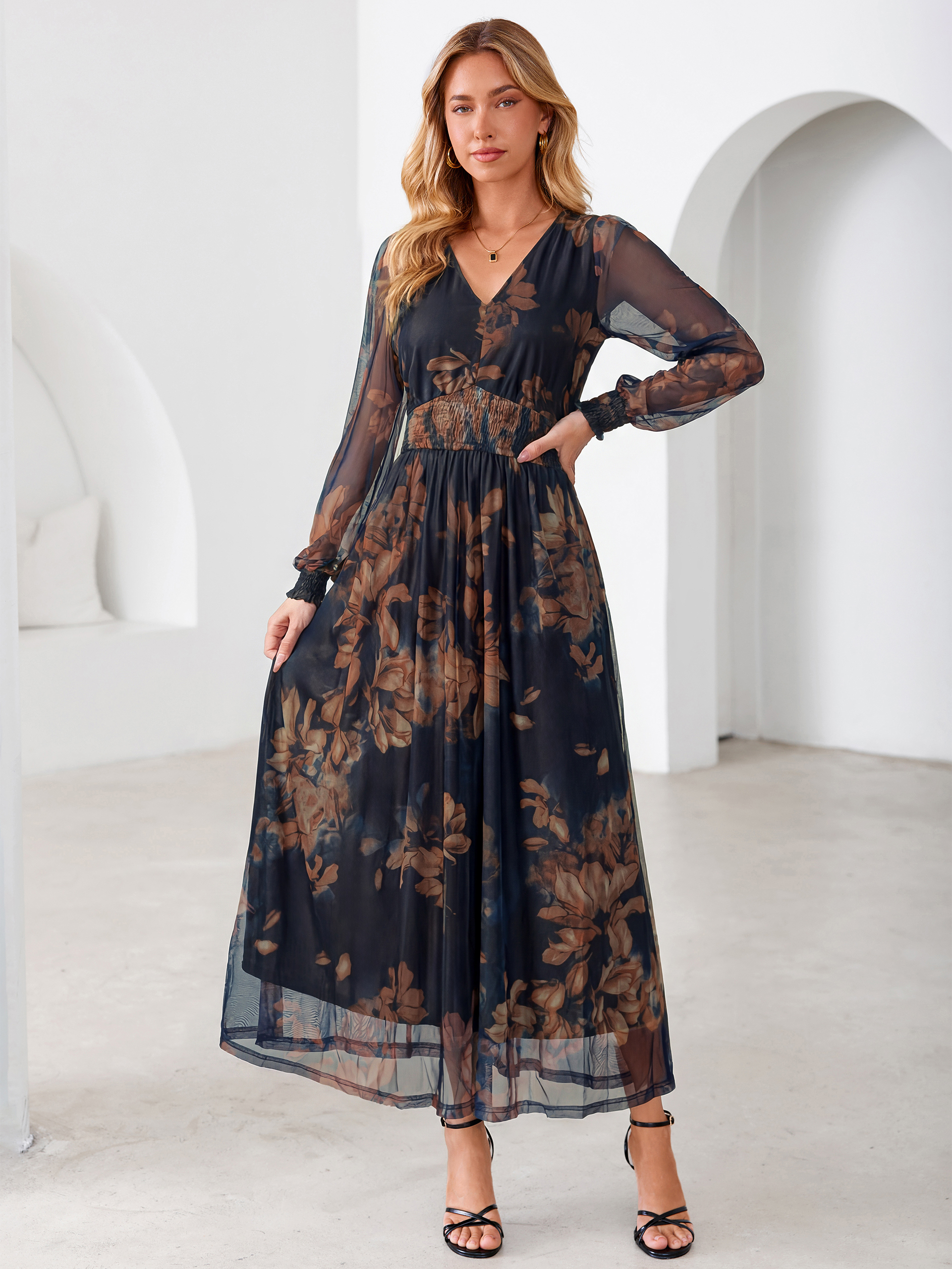 Romantic Floral Tulle Smocked Maxi Dress