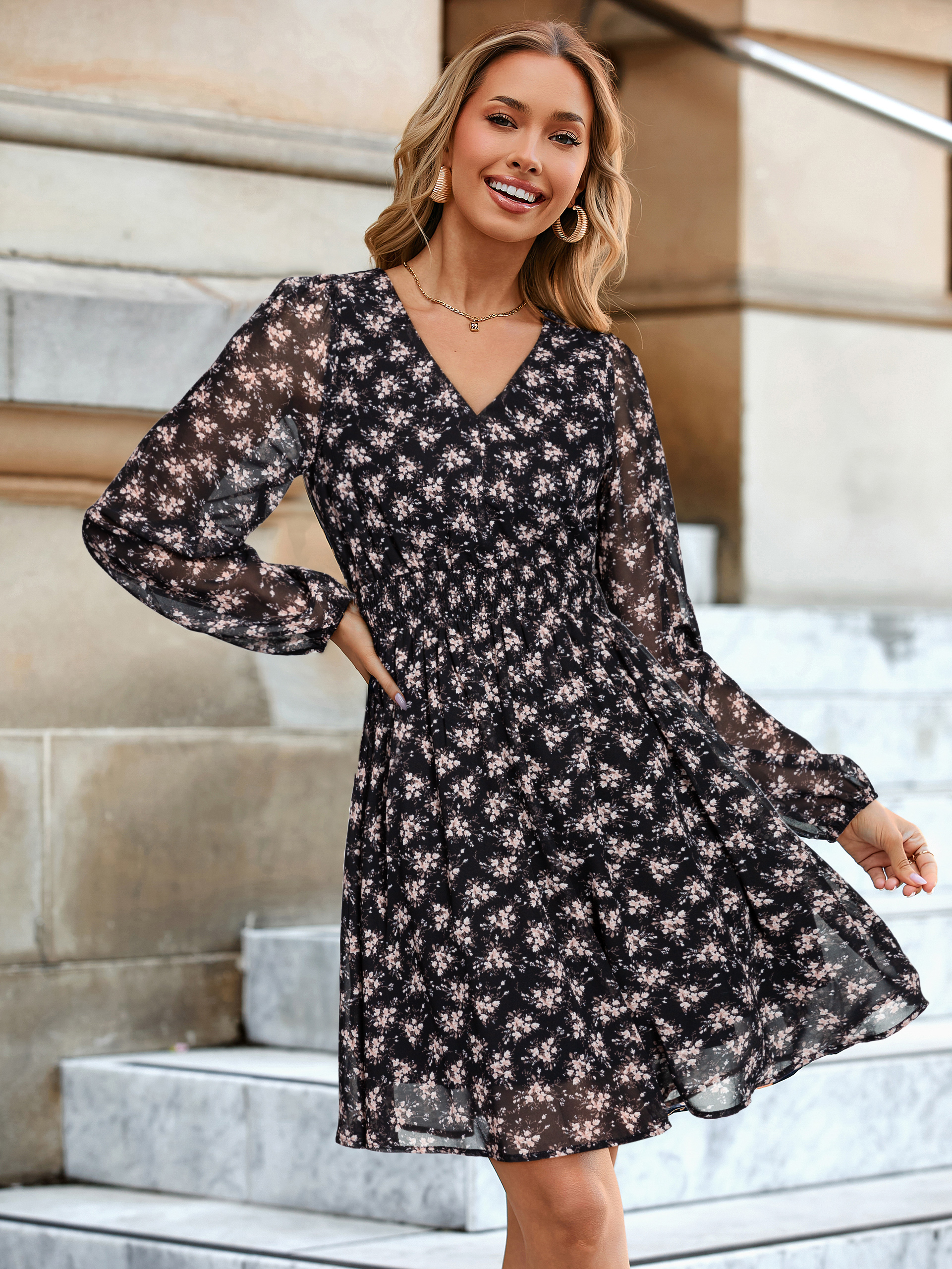 Boho Flowy Floral Chiffon Wedding Guest Mini Dress