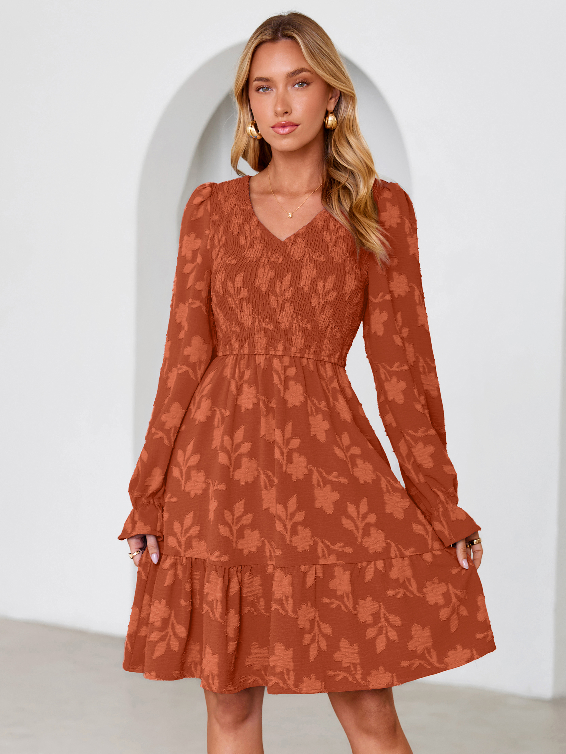 Floral Textured Smocked V Neck A Line Mini Dress - Burnt Orange