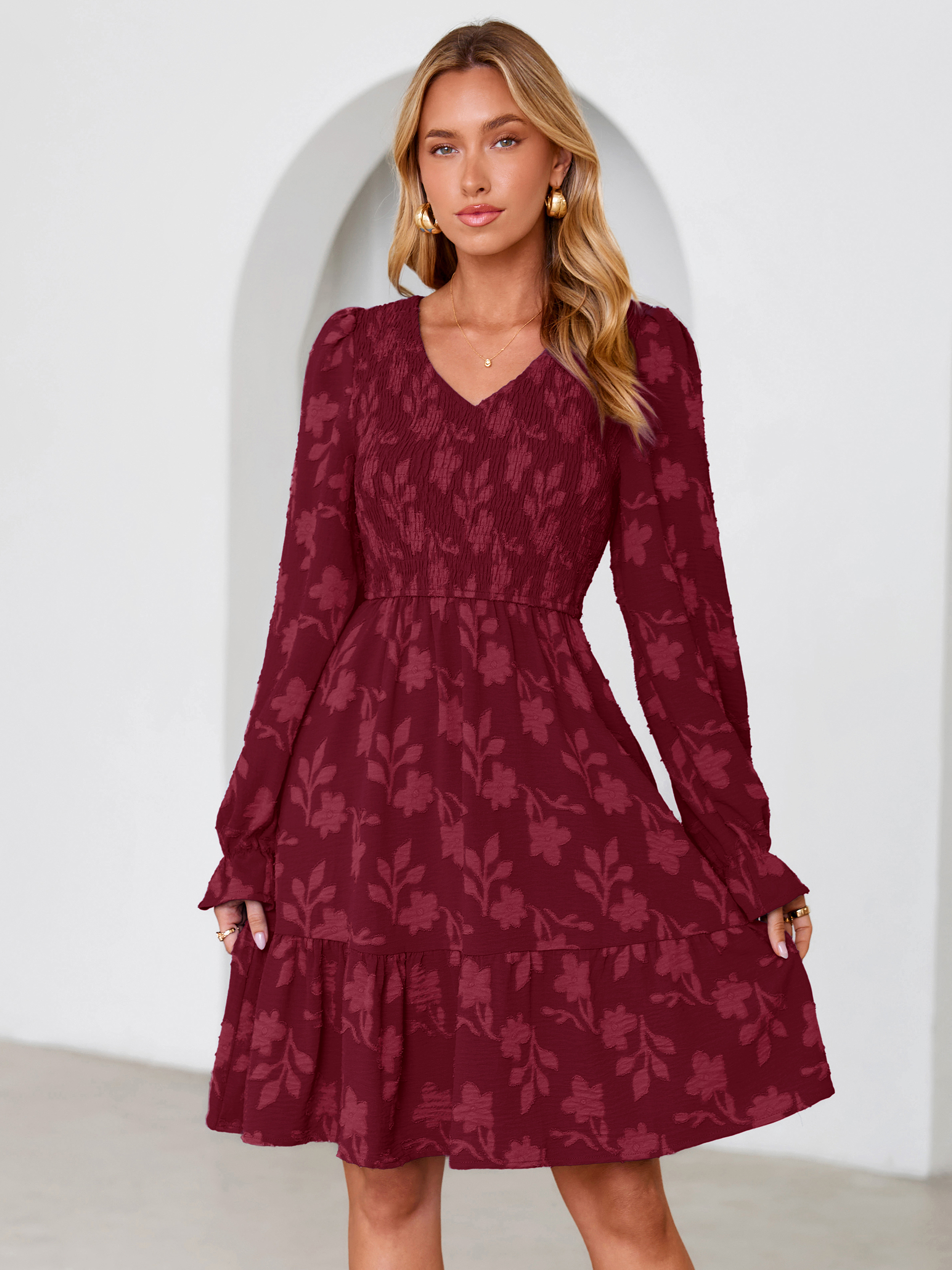 Floral Textured Smocked V Neck A Line Mini Dress - Burgundy