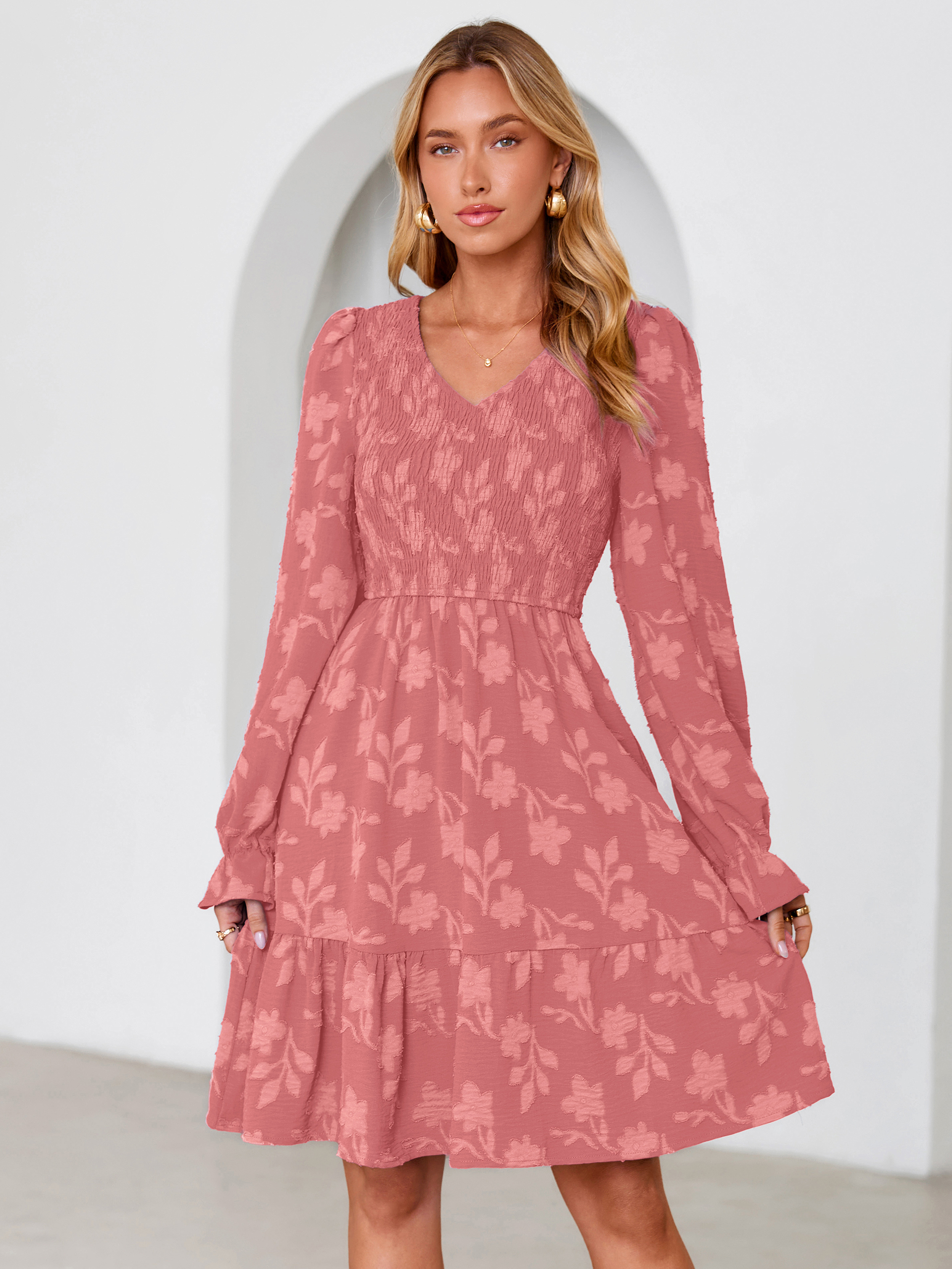 Floral Textured Smocked V Neck A Line Mini Dress - Dusty Pink