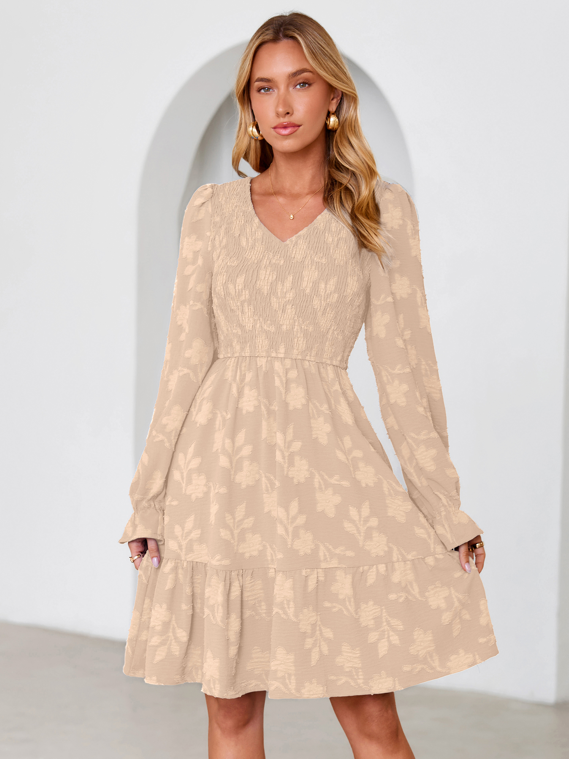 Floral Textured Smocked V Neck A Line Mini Dress - Apricot